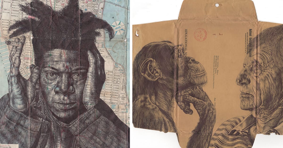 New Bic Ballpoint Pen Portraits on Vintage Maps and Stationery by Mark Powell