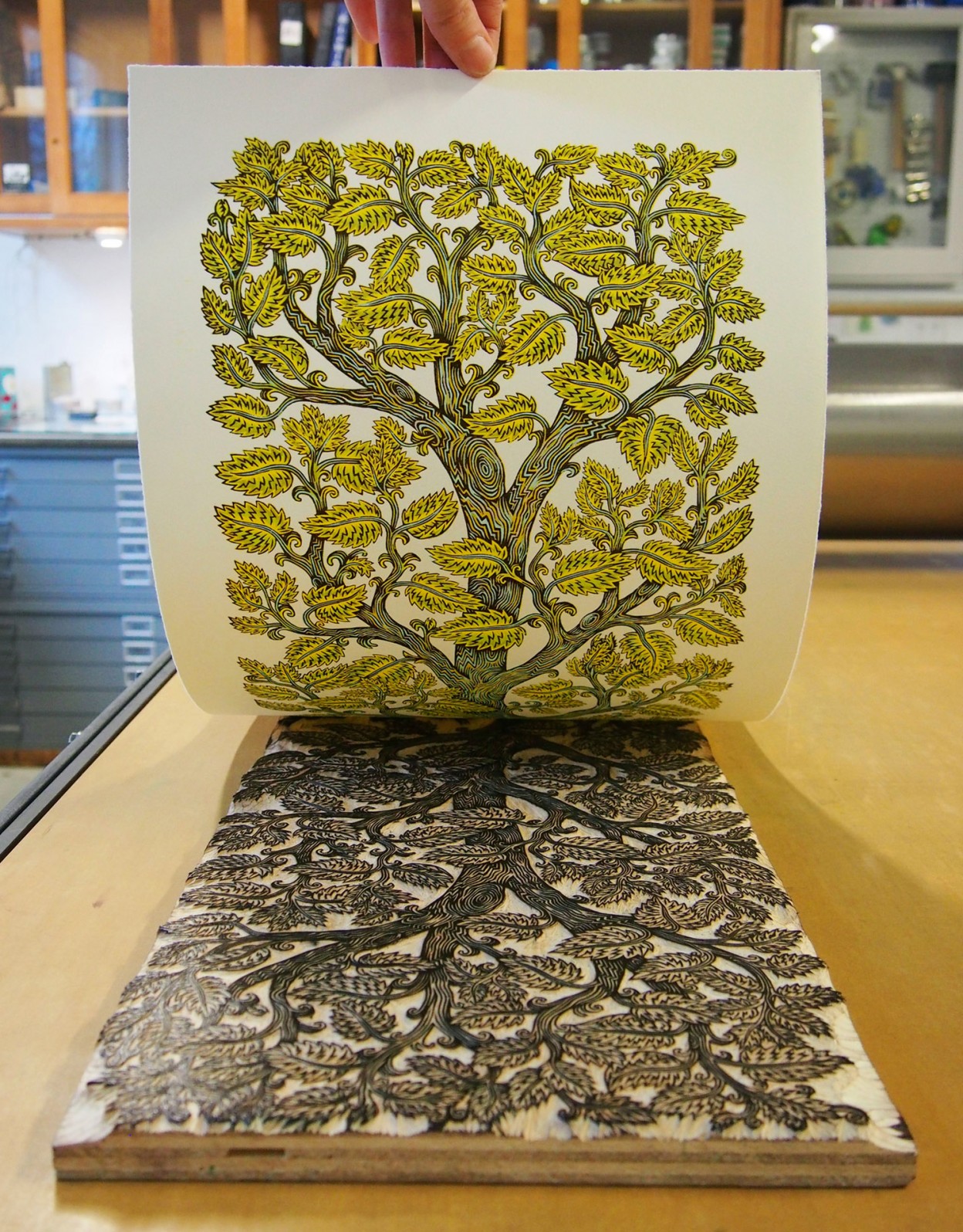 Printmaking Tree Roots A Tall Leafy Tree Grows in Tugboat Printshop's New 4-Color Wood Block ...
