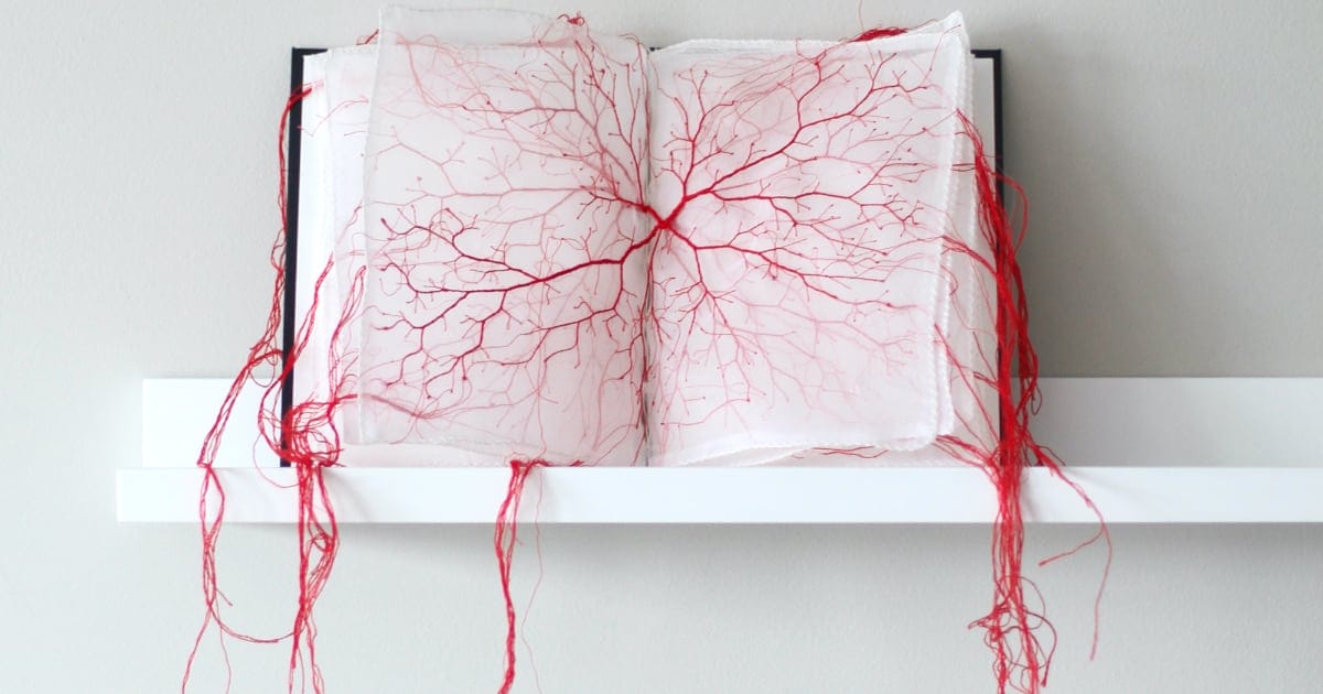 Knotted Systems of Red Thread Dangle from Fabric Books and Letters by Rima Day - Vimarsana News