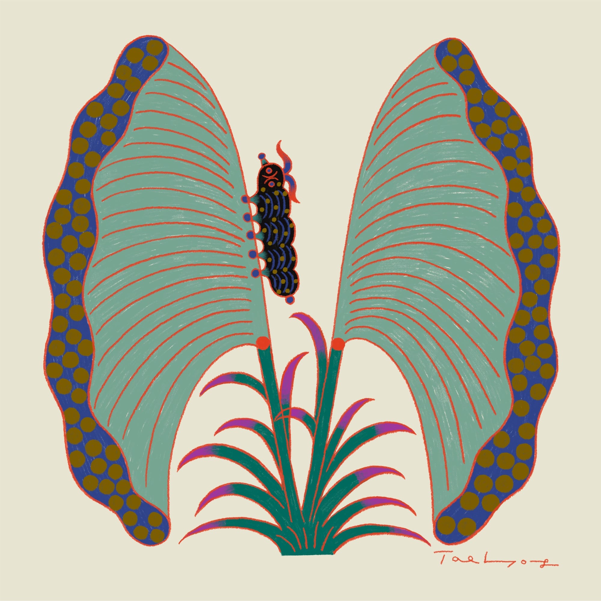 a digital illustration by Taehyoung Maria Jeon of fantastical plants with a caterpillar on the left leaf
