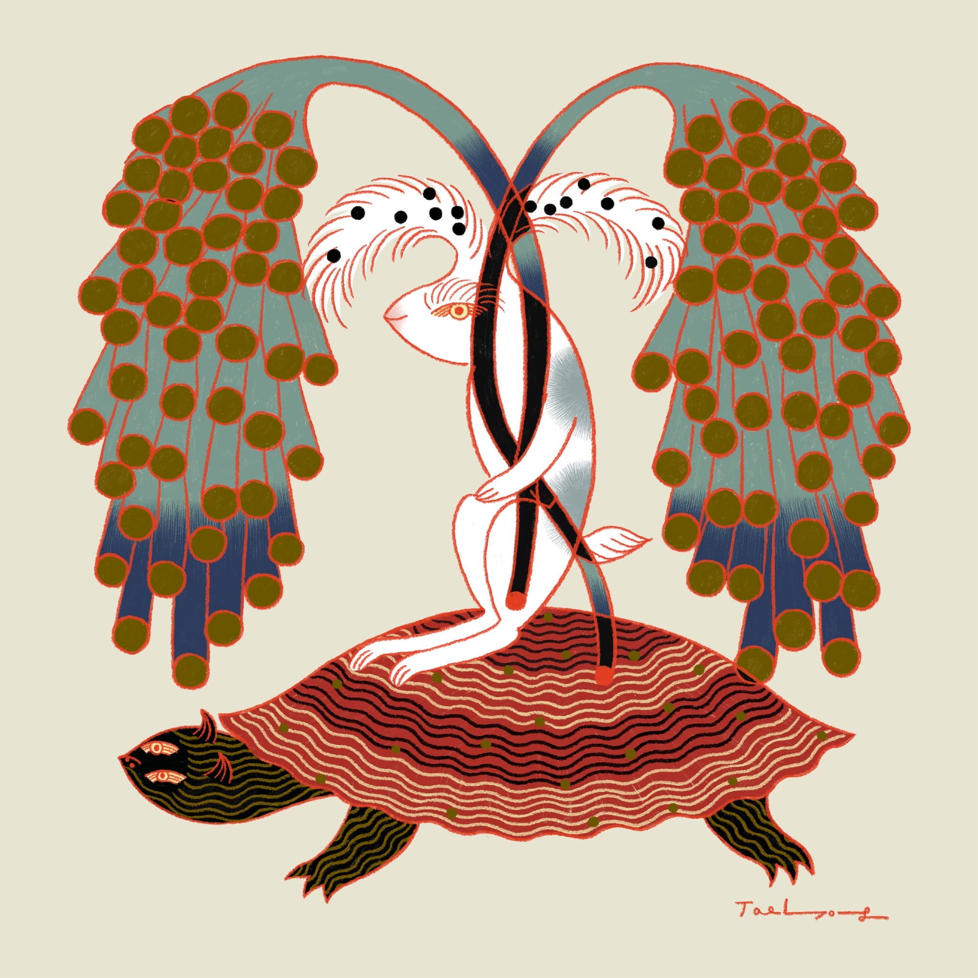 a digital illustration by Taehyoung Maria Jeon of a rabbit cradling a plant while riding a turtle