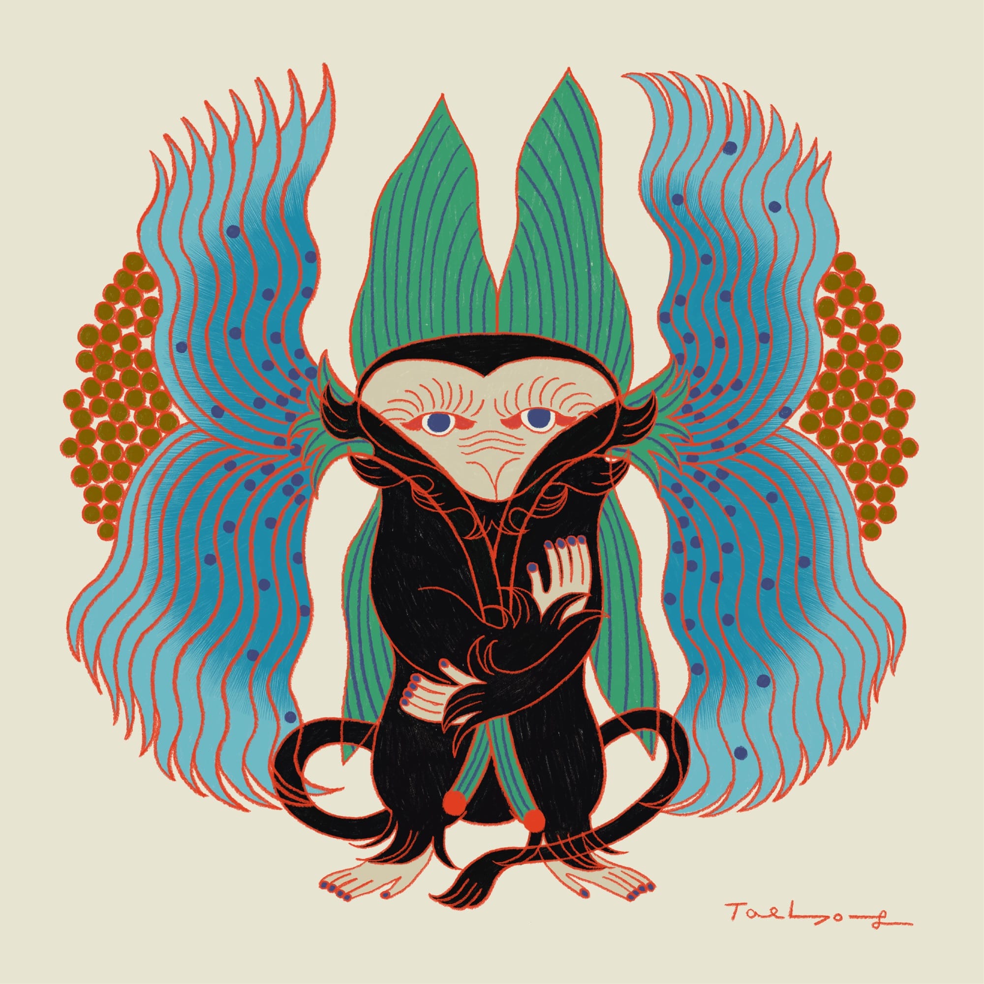 a digital illustration by Taehyoung Maria Jeon of a creature and blue plants emerging from its hands