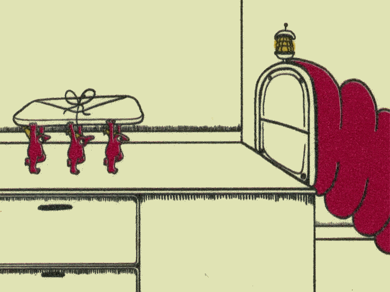 a gif of 3 factory worker creatures carrying a large tied up package to a chute, from the animation "Busy Bodies" by Kate Renshaw-Lewis