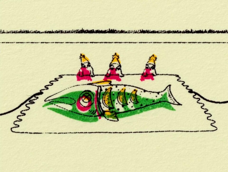 three factory worker creatures folding up a fish in paper, from the animation "Busy Bodies" by Kate Renshaw-Lewis