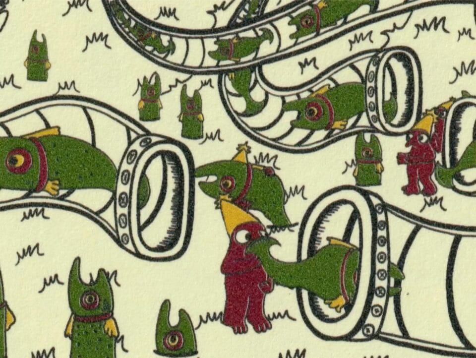 factory workers feeding green fish into curved pipes, from the animation "Busy Bodies" by Kate Renshaw-Lewis