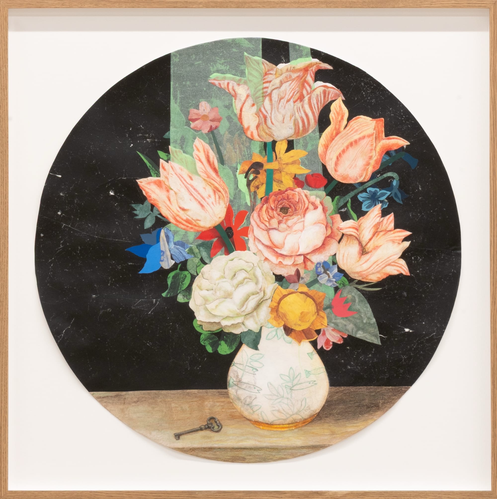 a framed circular collage of a still life bouquet with a key on the table and a beam of light behind the flowers