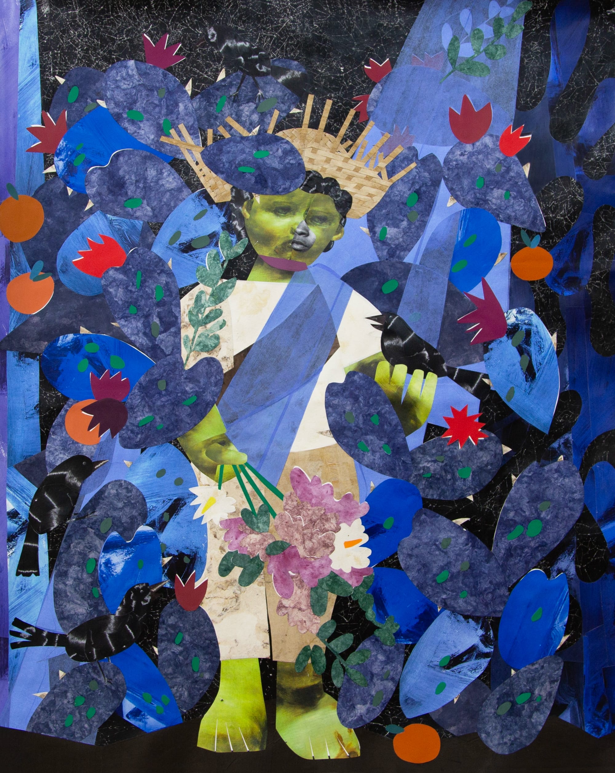 a collage of a queen like figure amid blue foliage