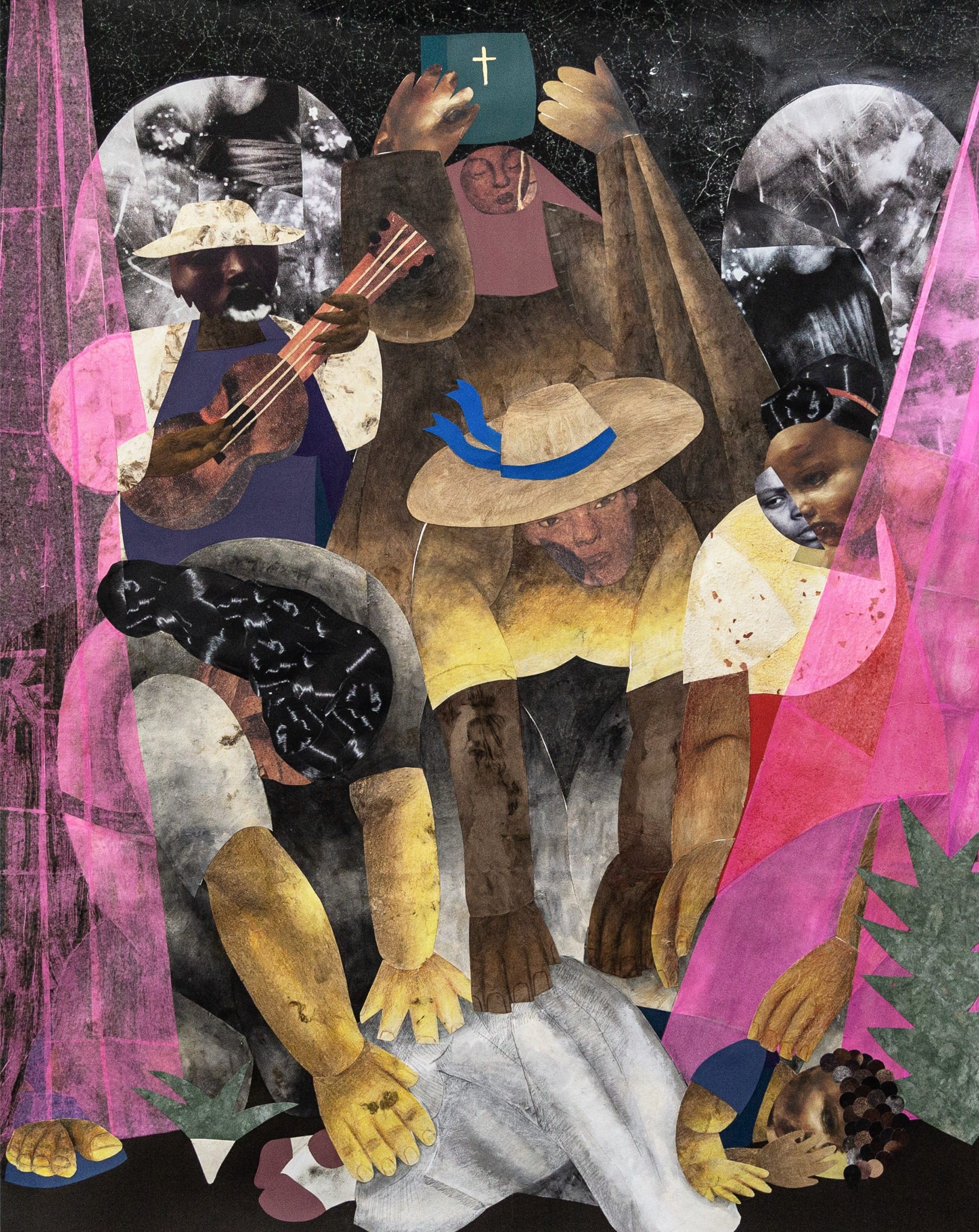 a collage of people playing music and praying over another figure on the ground