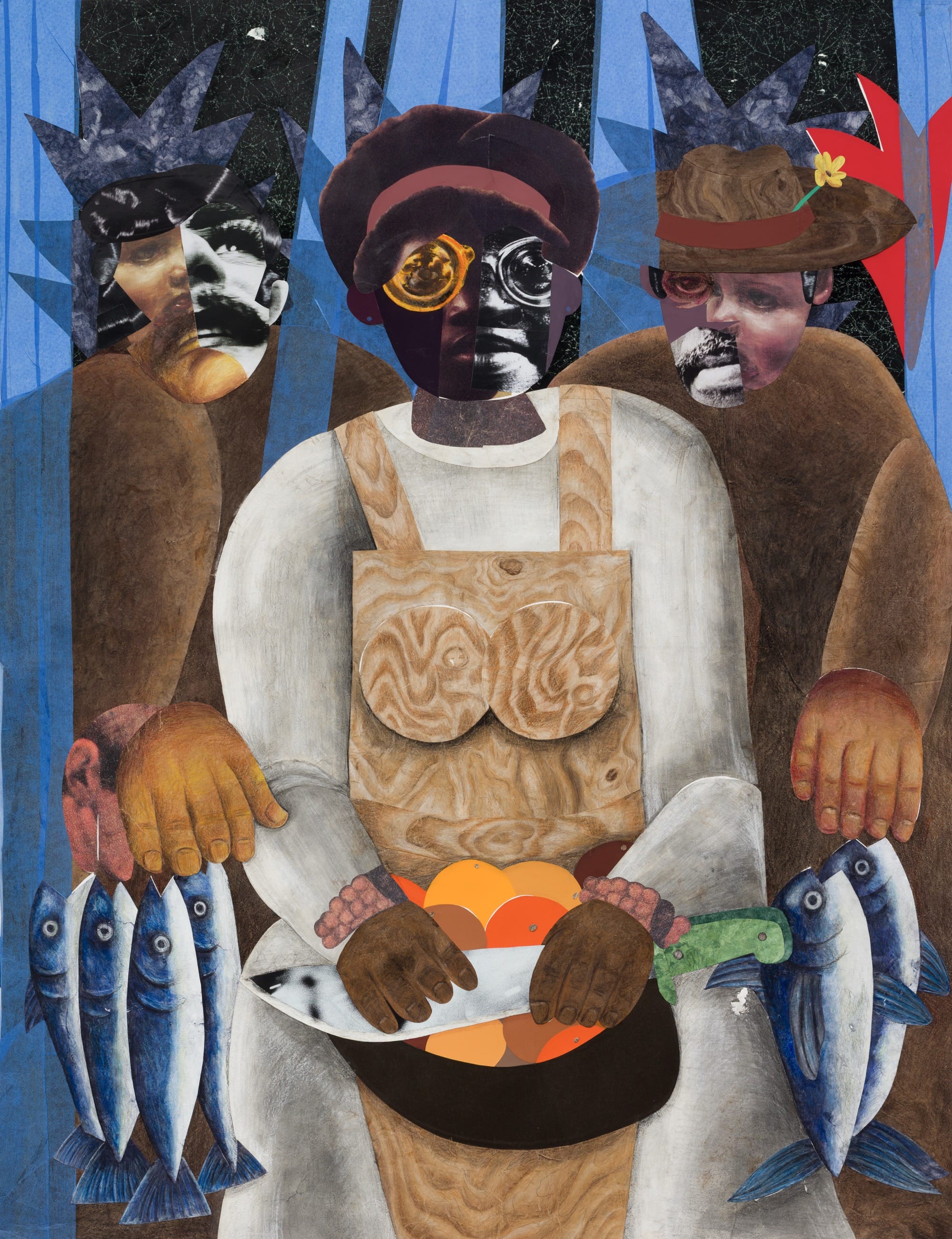 a collage of three figures holding and preparing fish