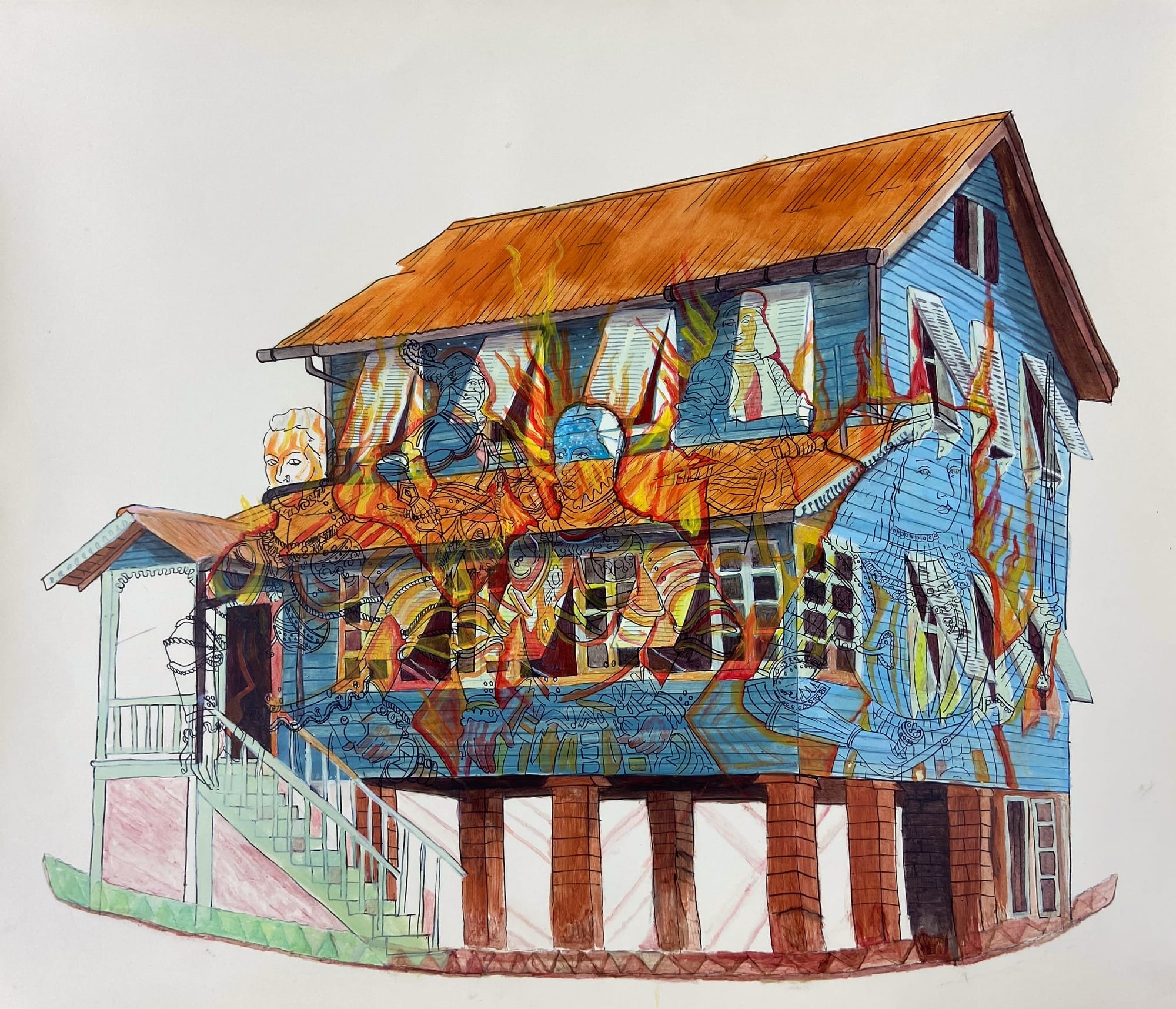 a drawing of a house on stilts with figures superimposed on top