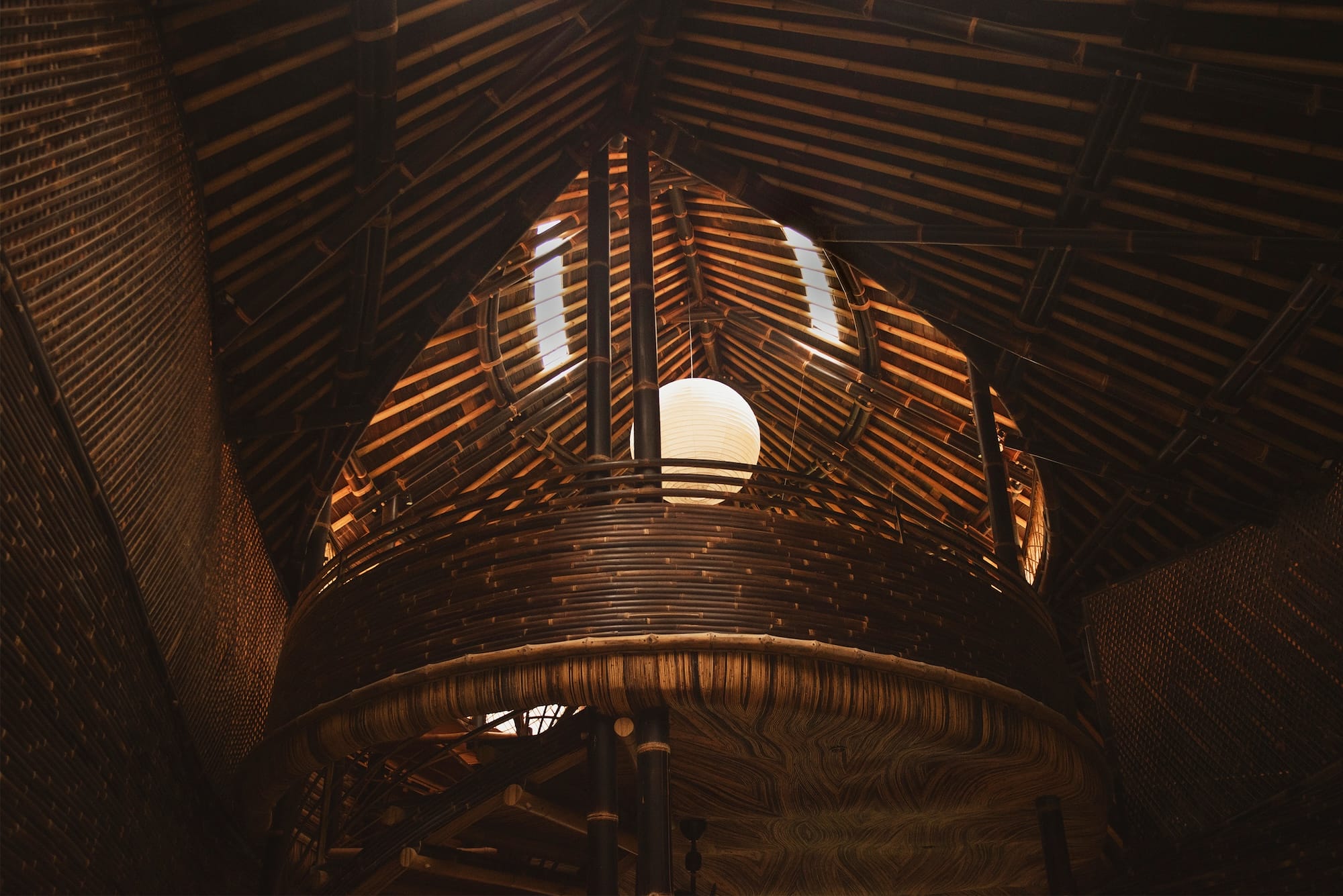 an interior view of wooden architecture
