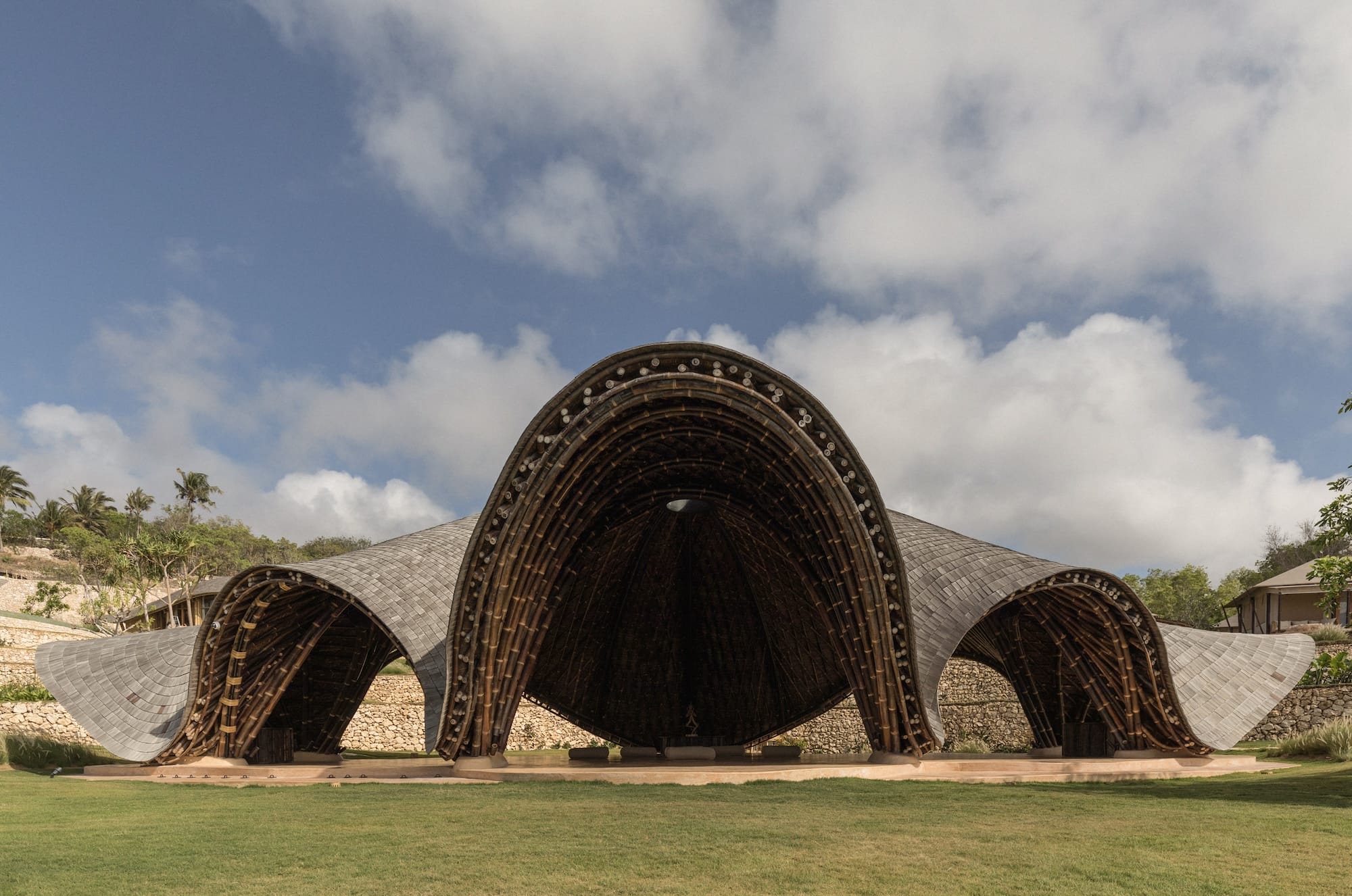 a side view of wooden architecture in an undulating, organic form