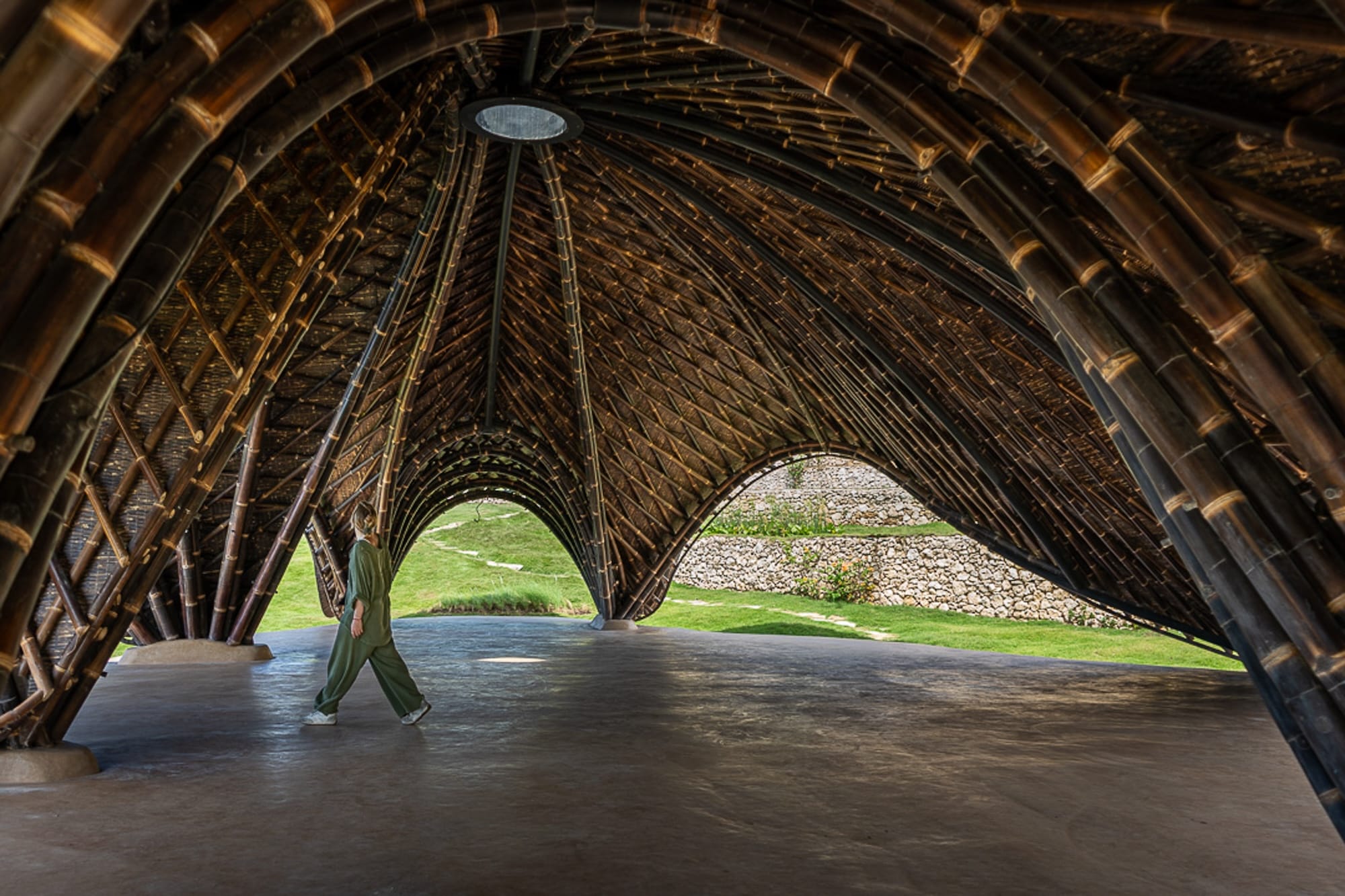 an interior view of wooden architecture in an undulating, organic form
