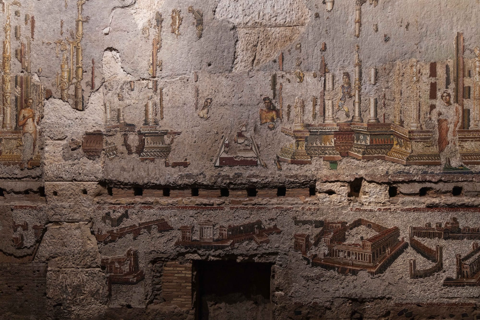 fragments of a conserved ancient Roman mosaic, in situ underground where it was discovered in Rome