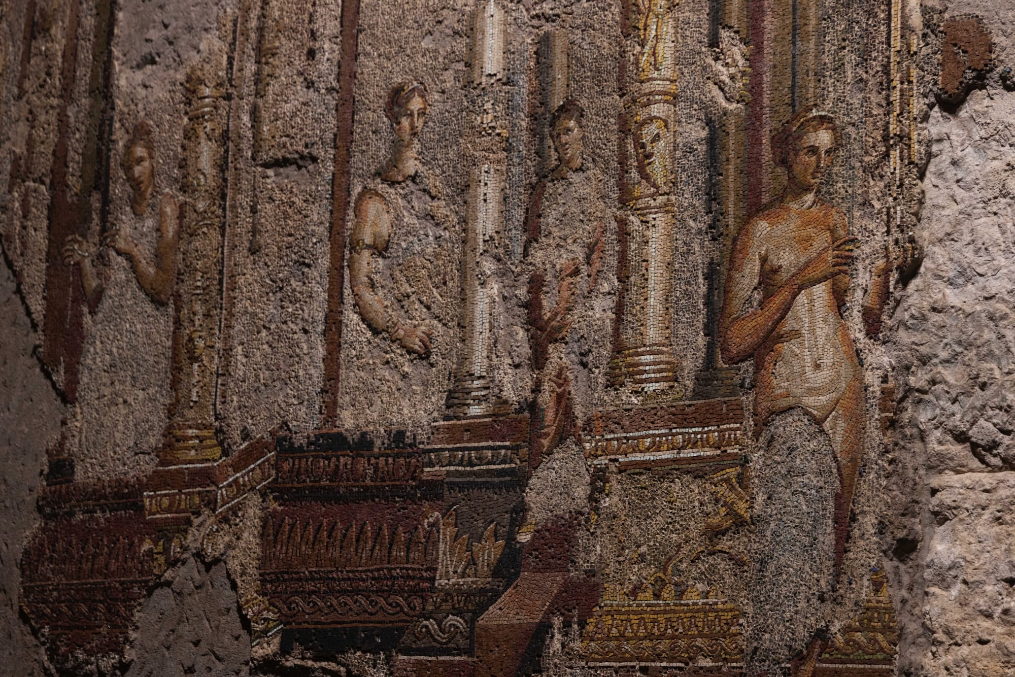 fragments of a conserved ancient Roman mosaic, in situ underground where it was discovered in Rome