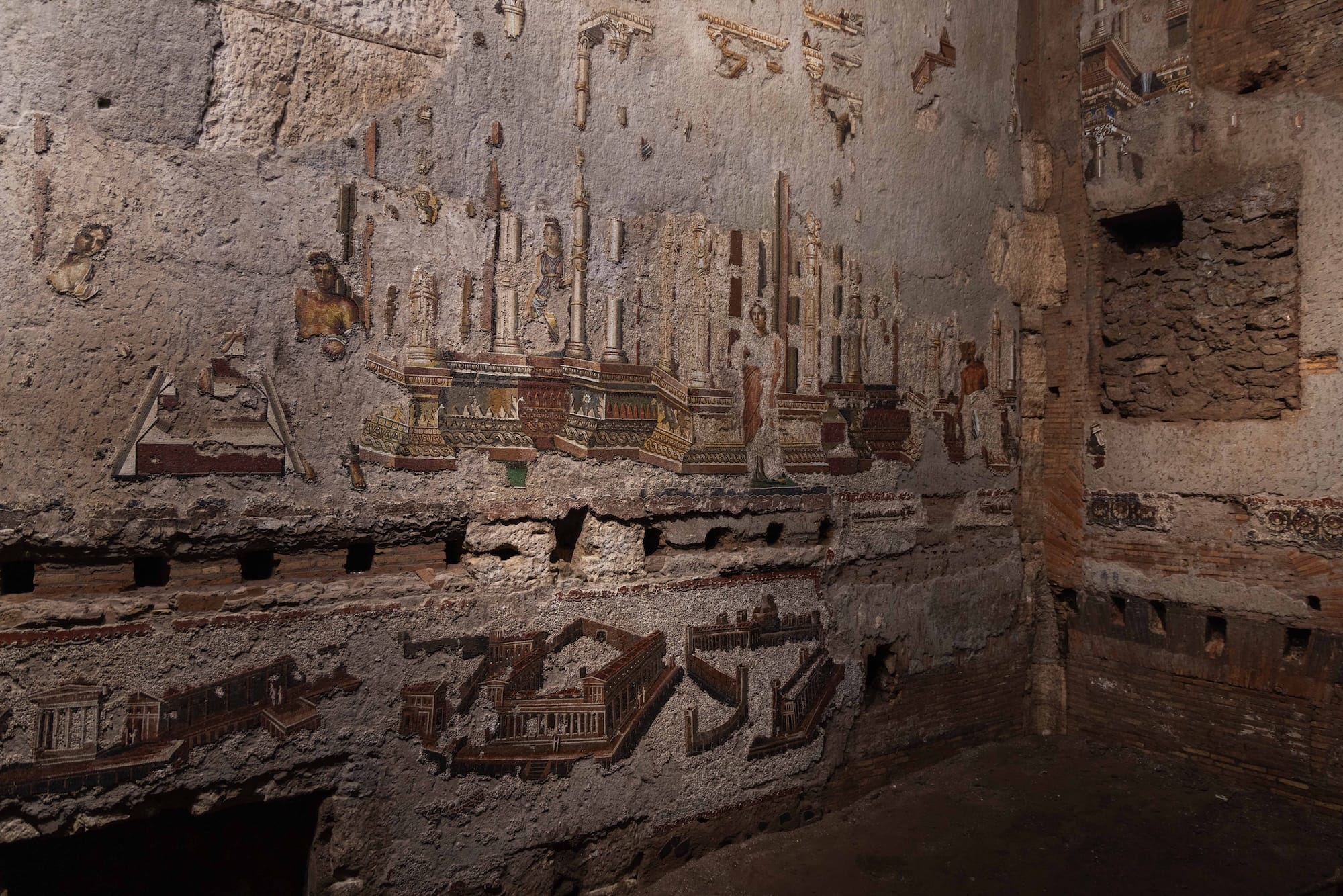fragments of a conserved ancient Roman mosaic, in situ underground where it was discovered in Rome