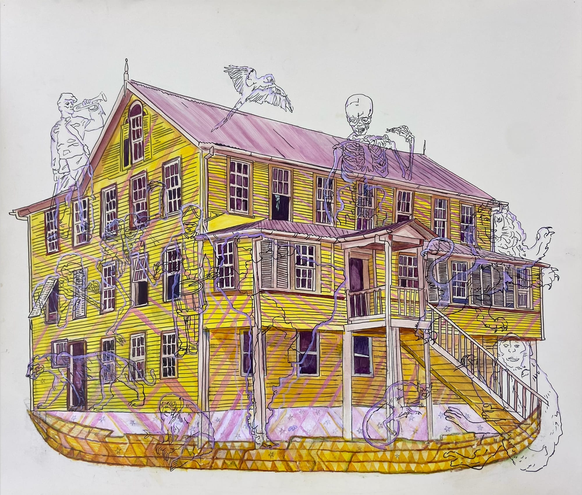 a drawing of a house on stilts with figures superimposed on top