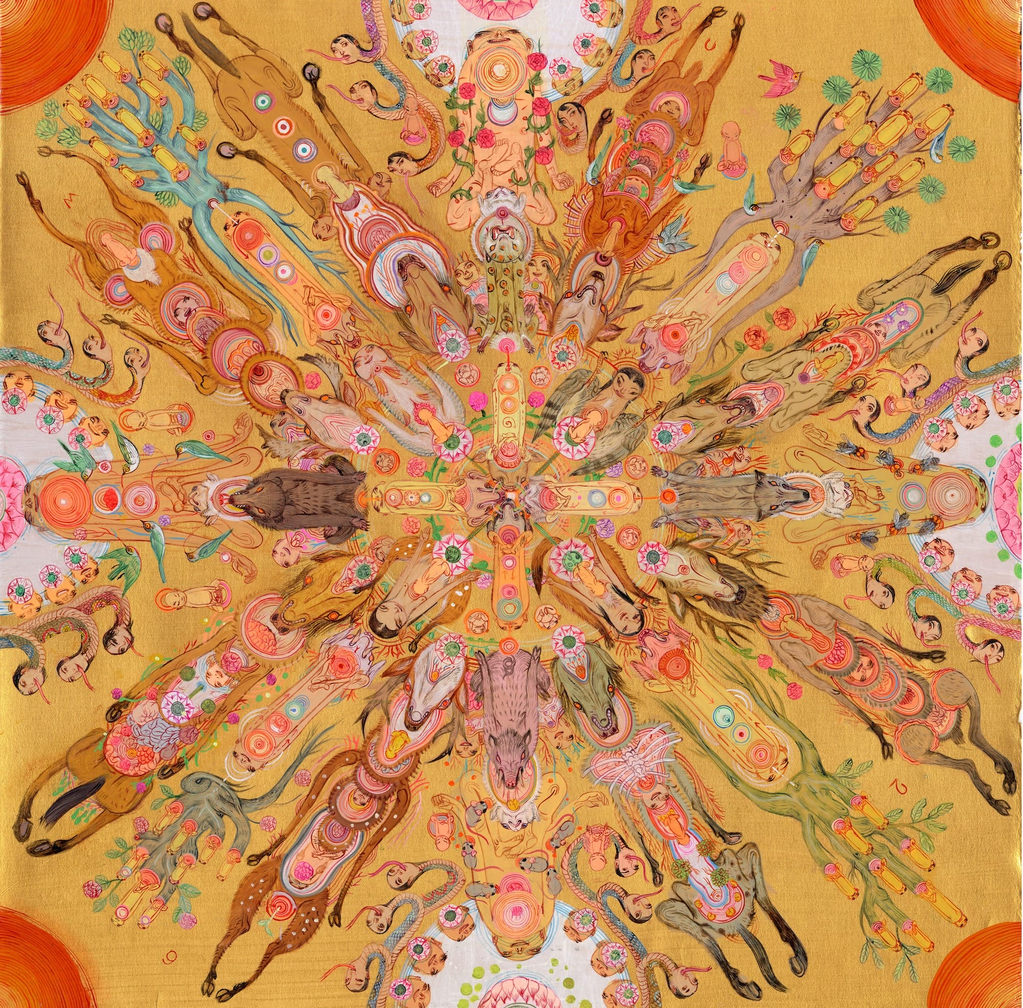 an abstract, mandala-like painting in vibrant colors featuring numerous figures, animals, and shapes