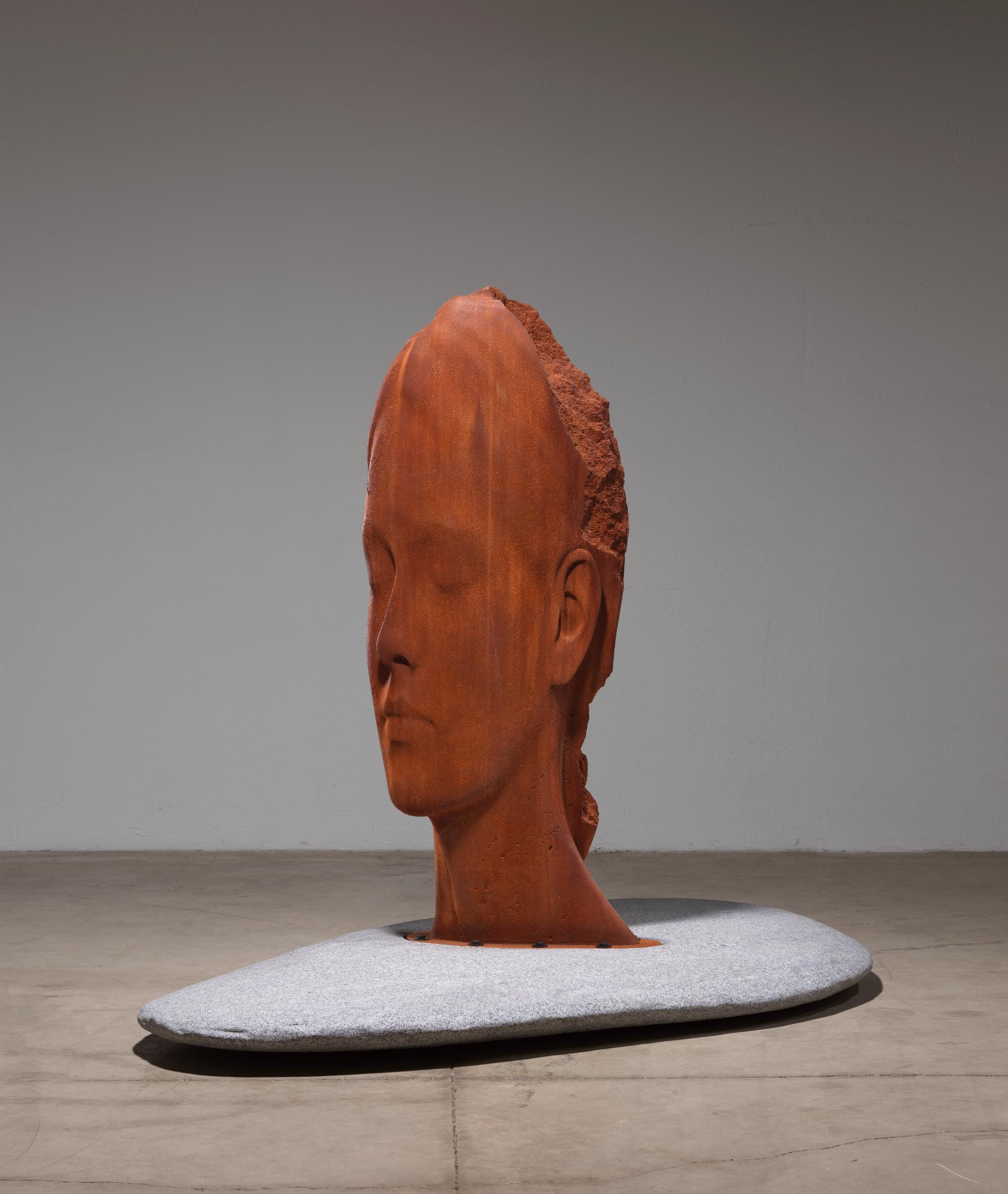 a sculpture by Jaume Plensa of a cast iron head resting upon a granite stone