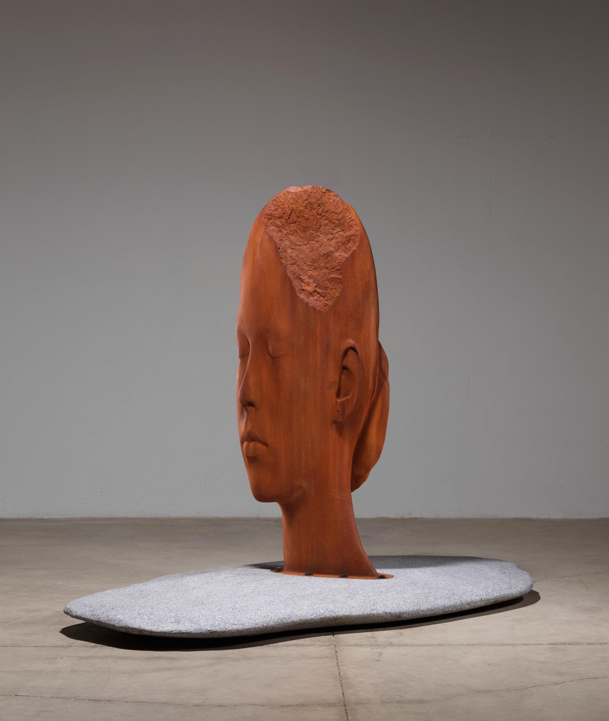 a sculpture by Jaume Plensa of a cast iron head resting upon a granite stone