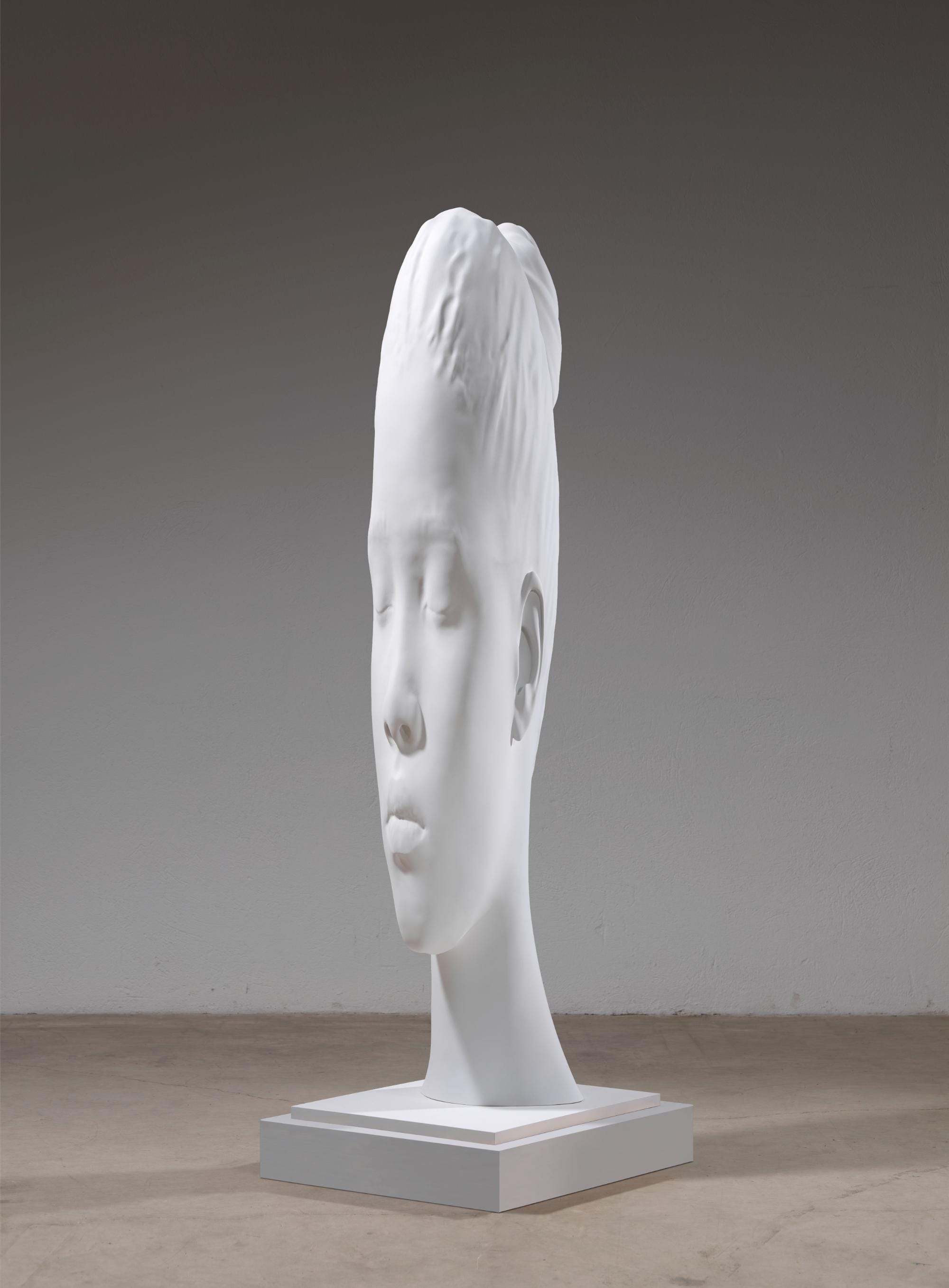 a bronze sculpture by Jaume Plensa of a face with its eyes closed, painted in white
