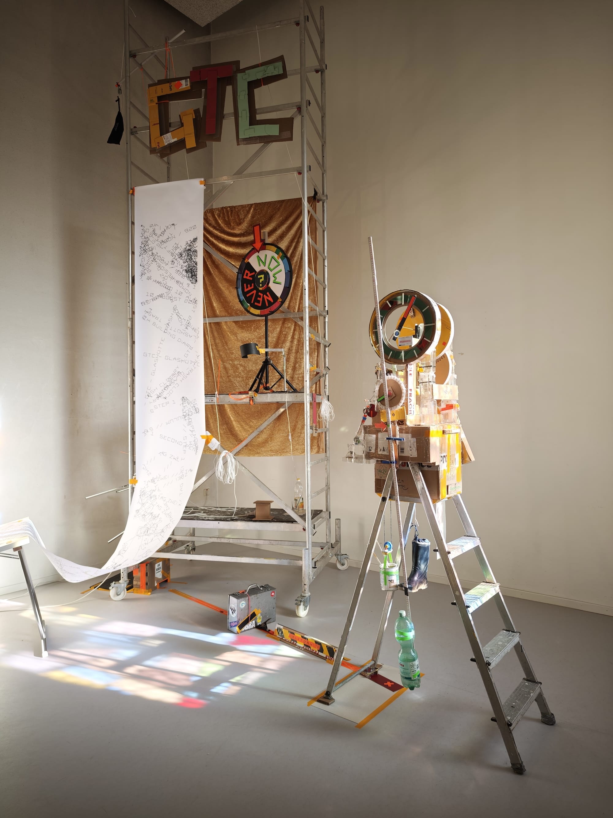 a sculptural, functional clock made from foraged trash