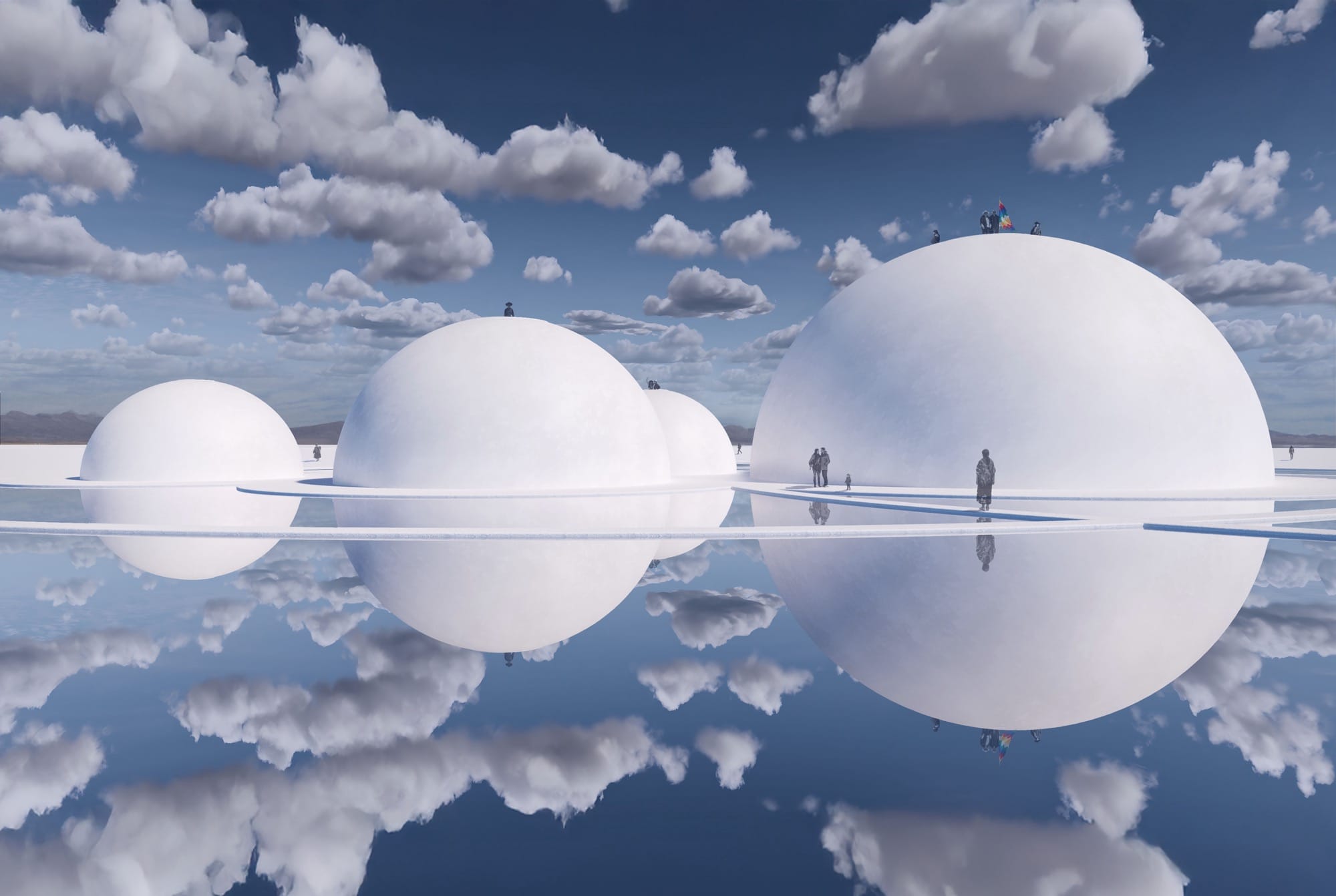 a large installation of large white spheres in a mirrored landscape