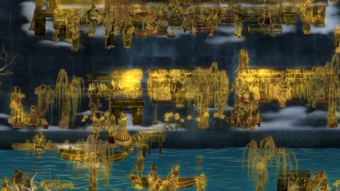 a still of a golden tinged community on a digital screen