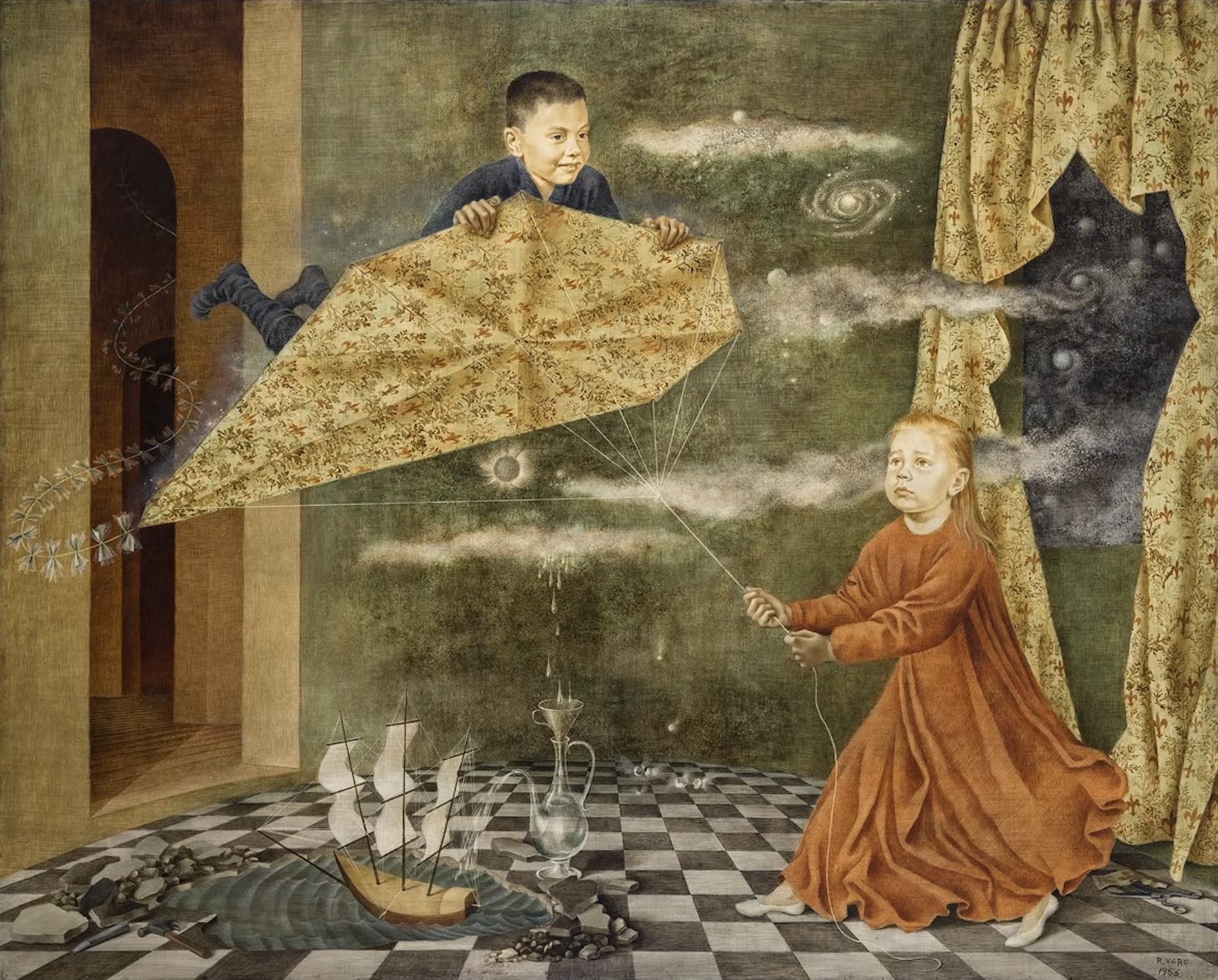 a screenshot of a surreal painting by remedios varo of children doing magic