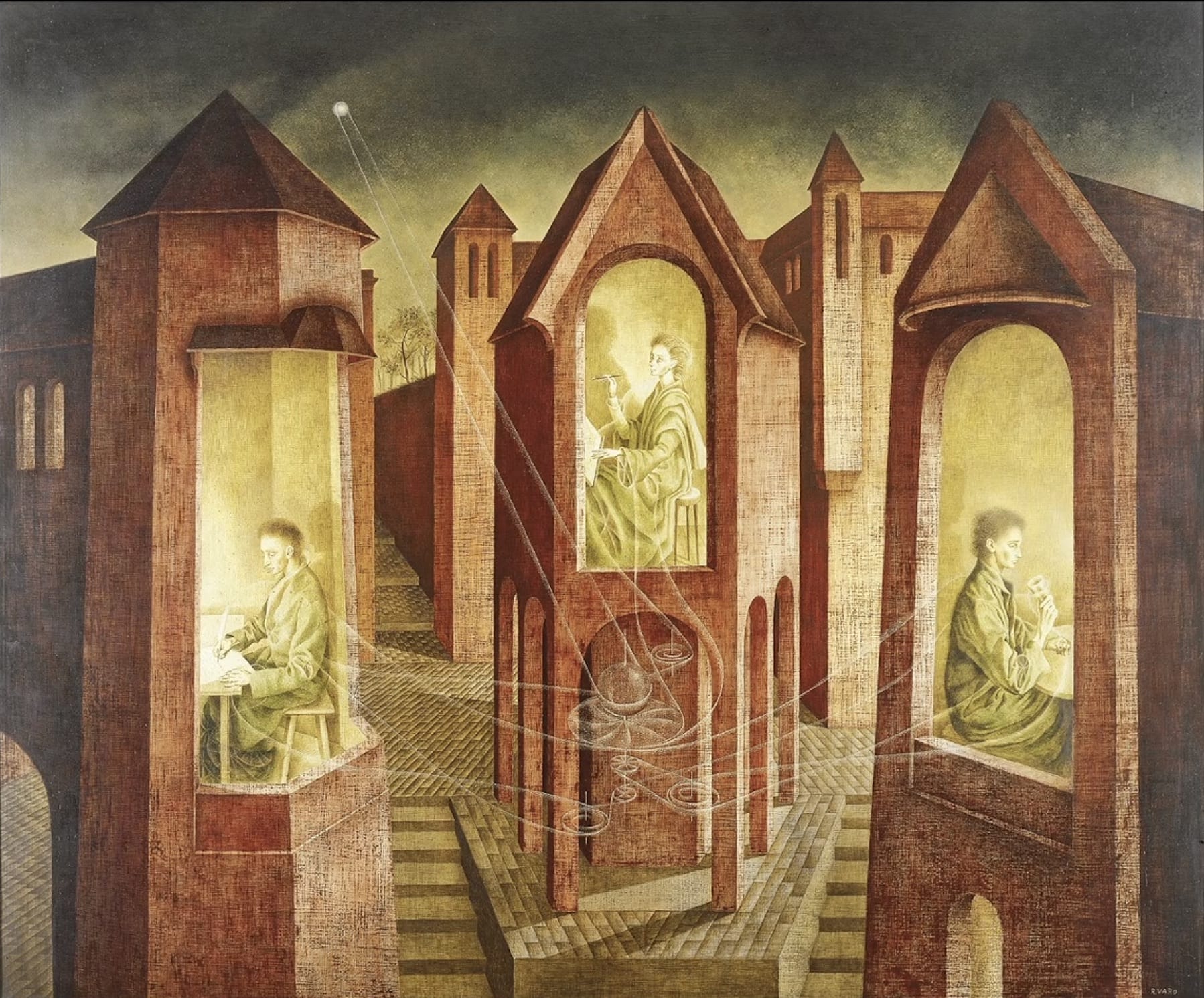 a screenshot of a surreal architectural painting by remedios varo
