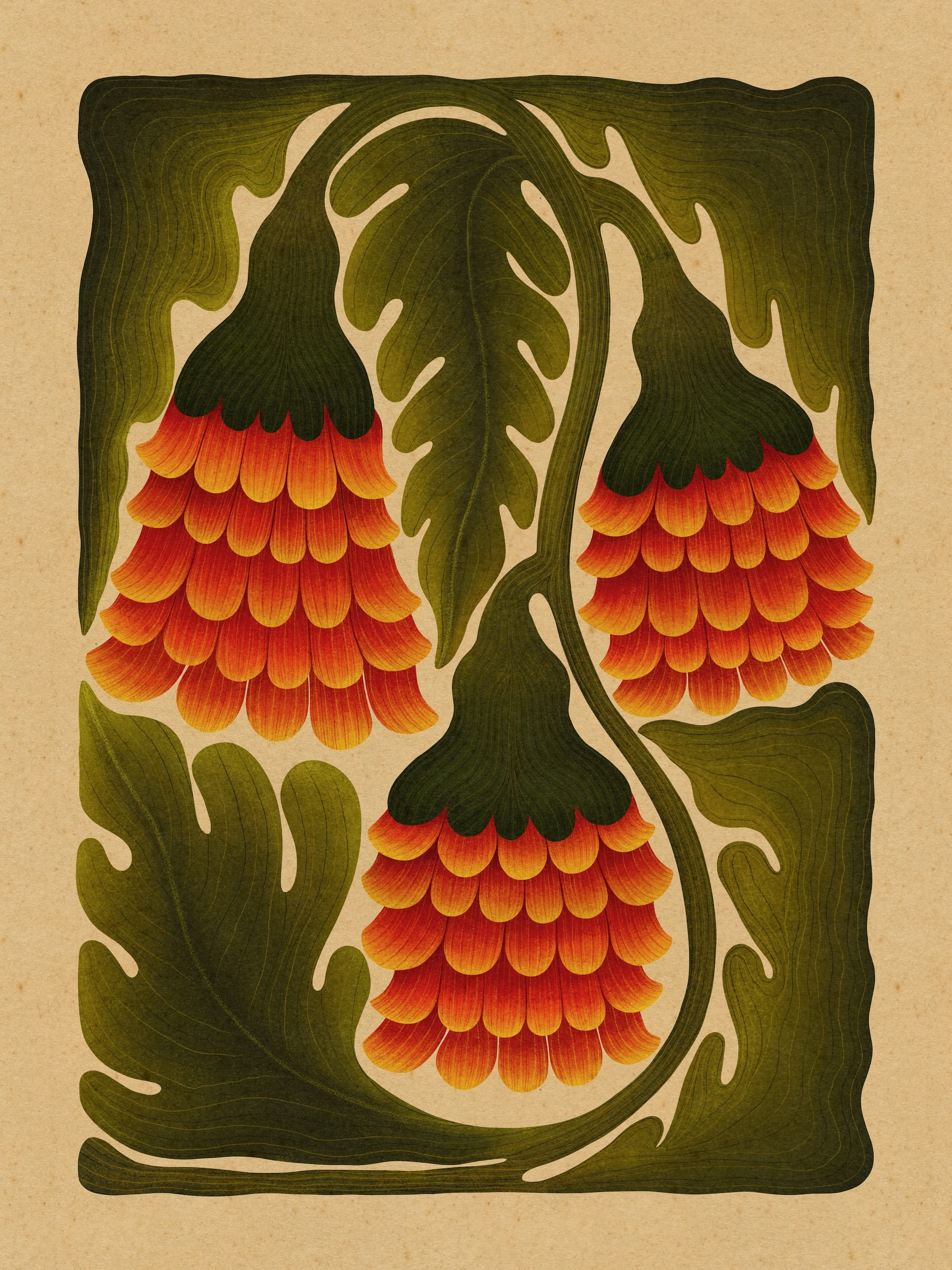 a print of three flowers against a green background
