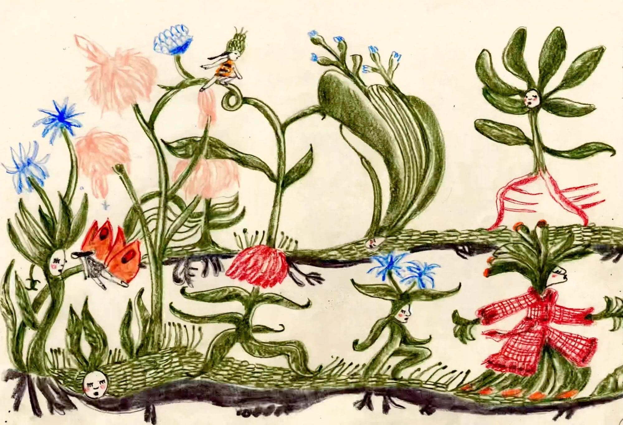 small, green plant-like creatures walk along a wine