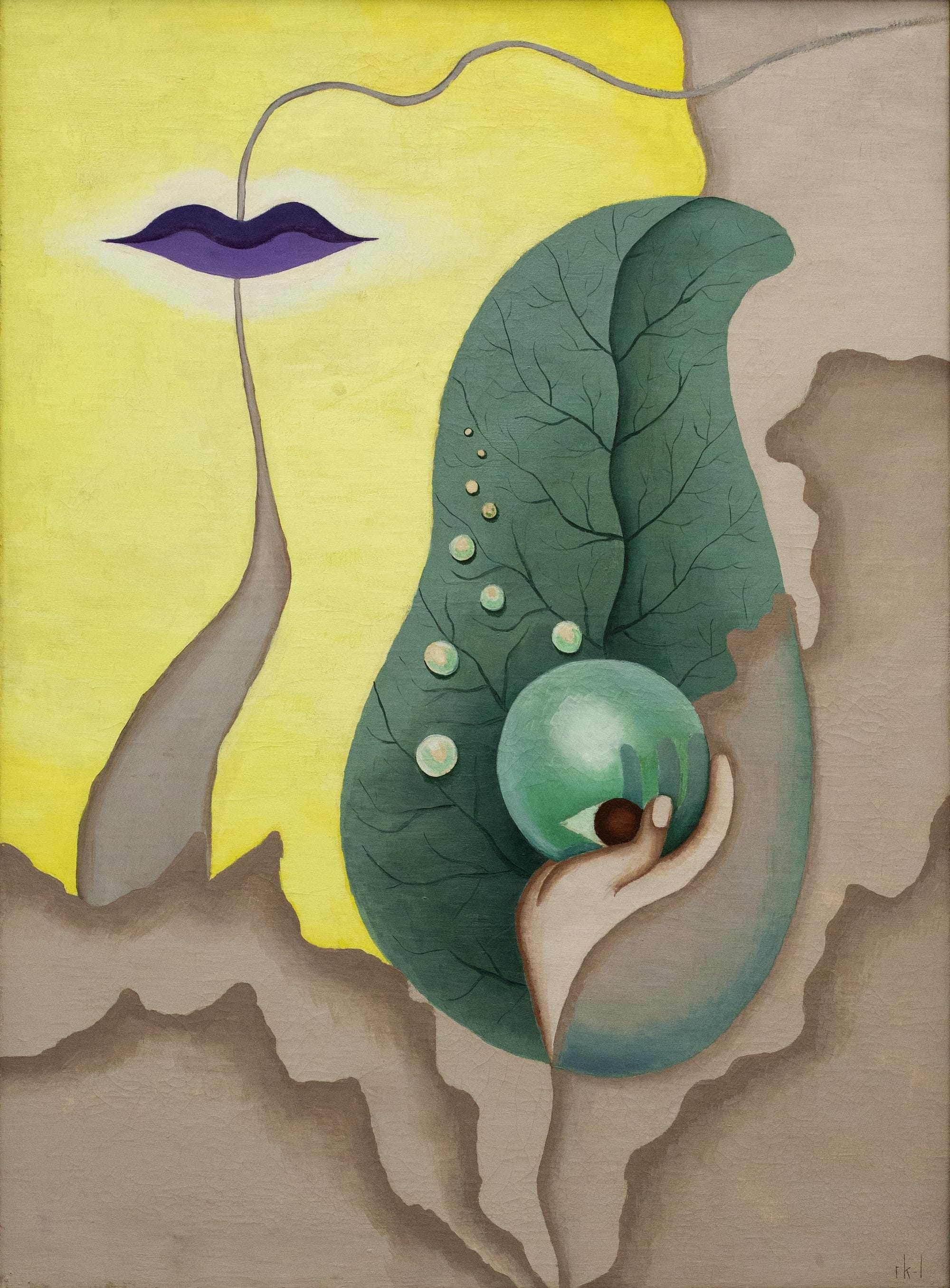 a surreal painting featuring a leaf-like shape with a pearl inside it and a tendril off to the let with a detail that looks like purple lips