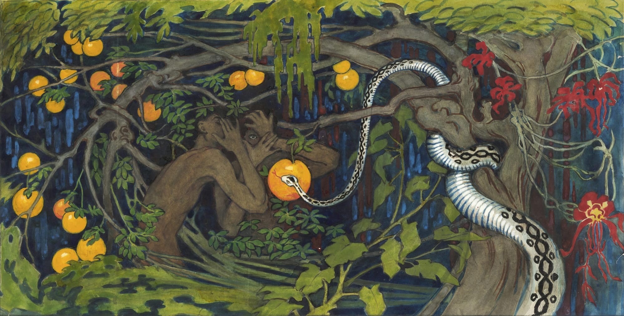 a wide, horizontal painting of Adam and Eve in the Garden of Eden