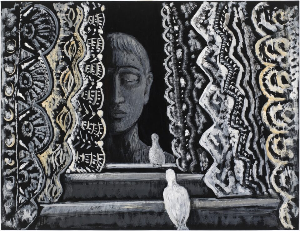 a monochrome painting of a face blurred in the distance behind a window and a dove in the foreground, with its reflection in the glass