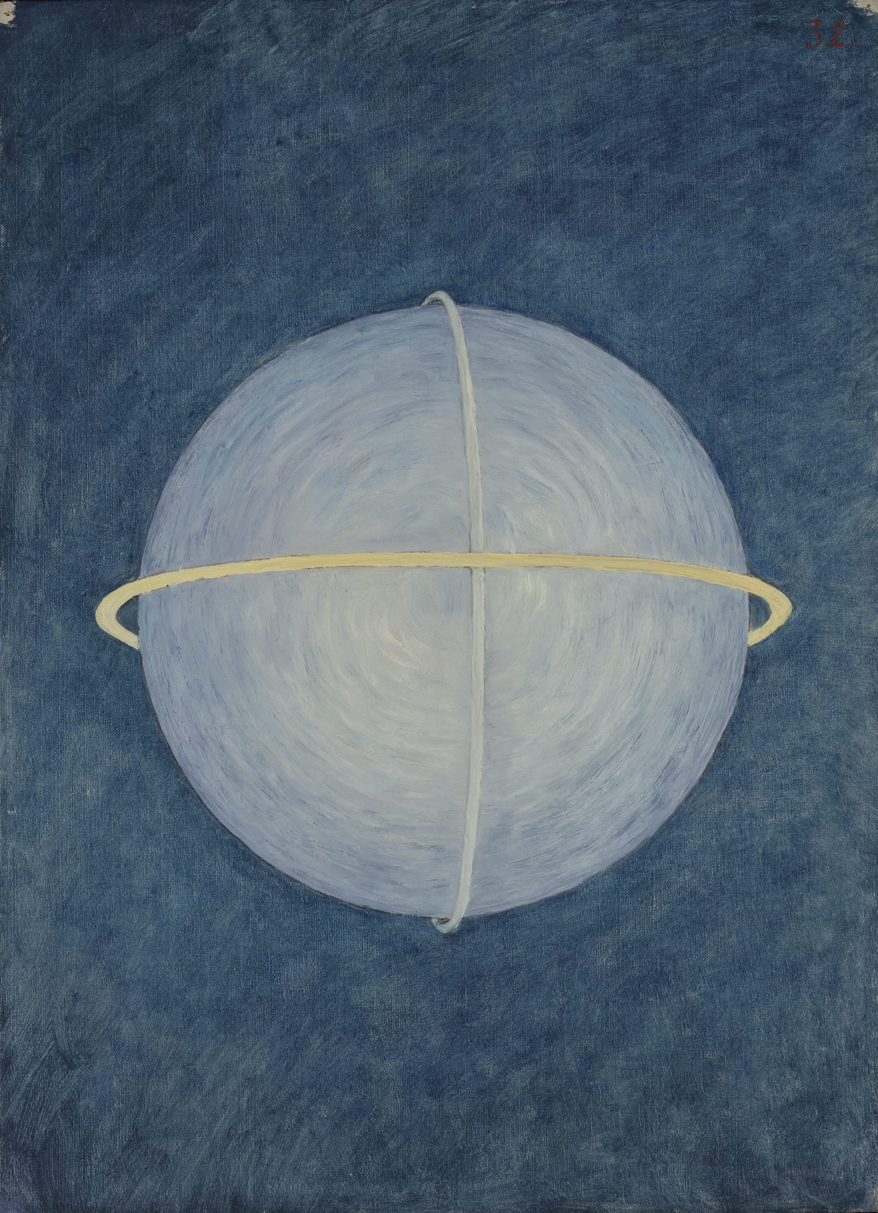 a spiritualist painting by Anna Cassel featuring a planet-like orb with two rings around it, crossing in the center