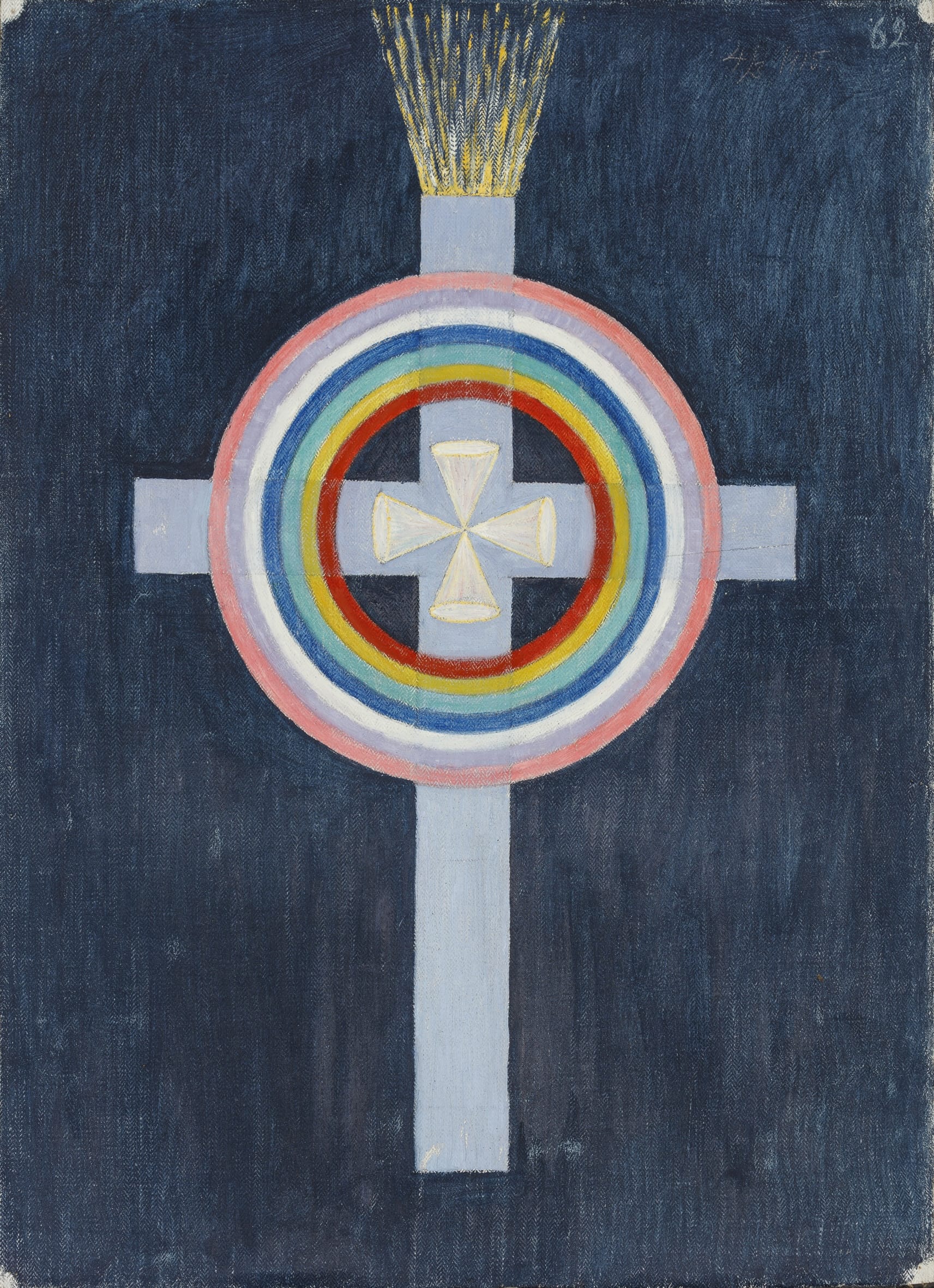 a geometric painting by spiritualist artist Anna Cassel featuring a cross shape with colorful rings around the center