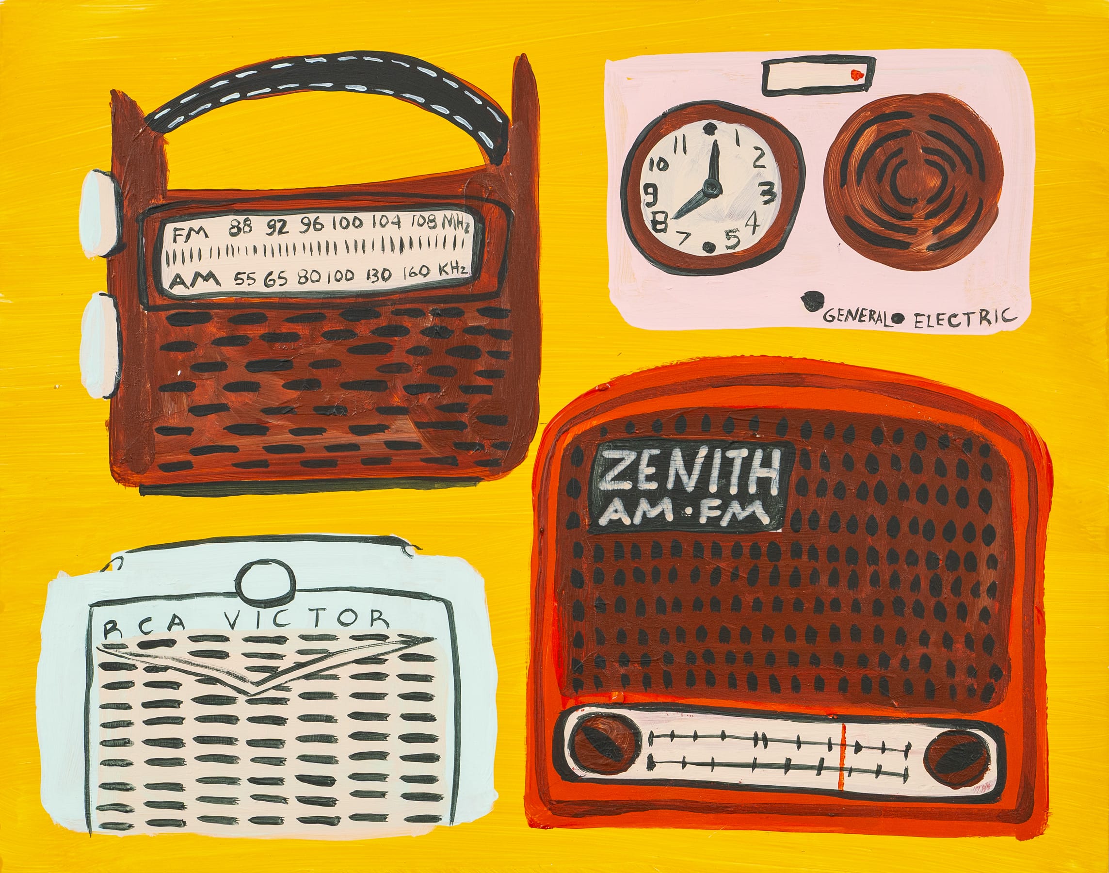 a painting of vintage radios on a deep yellow by melissa lakey