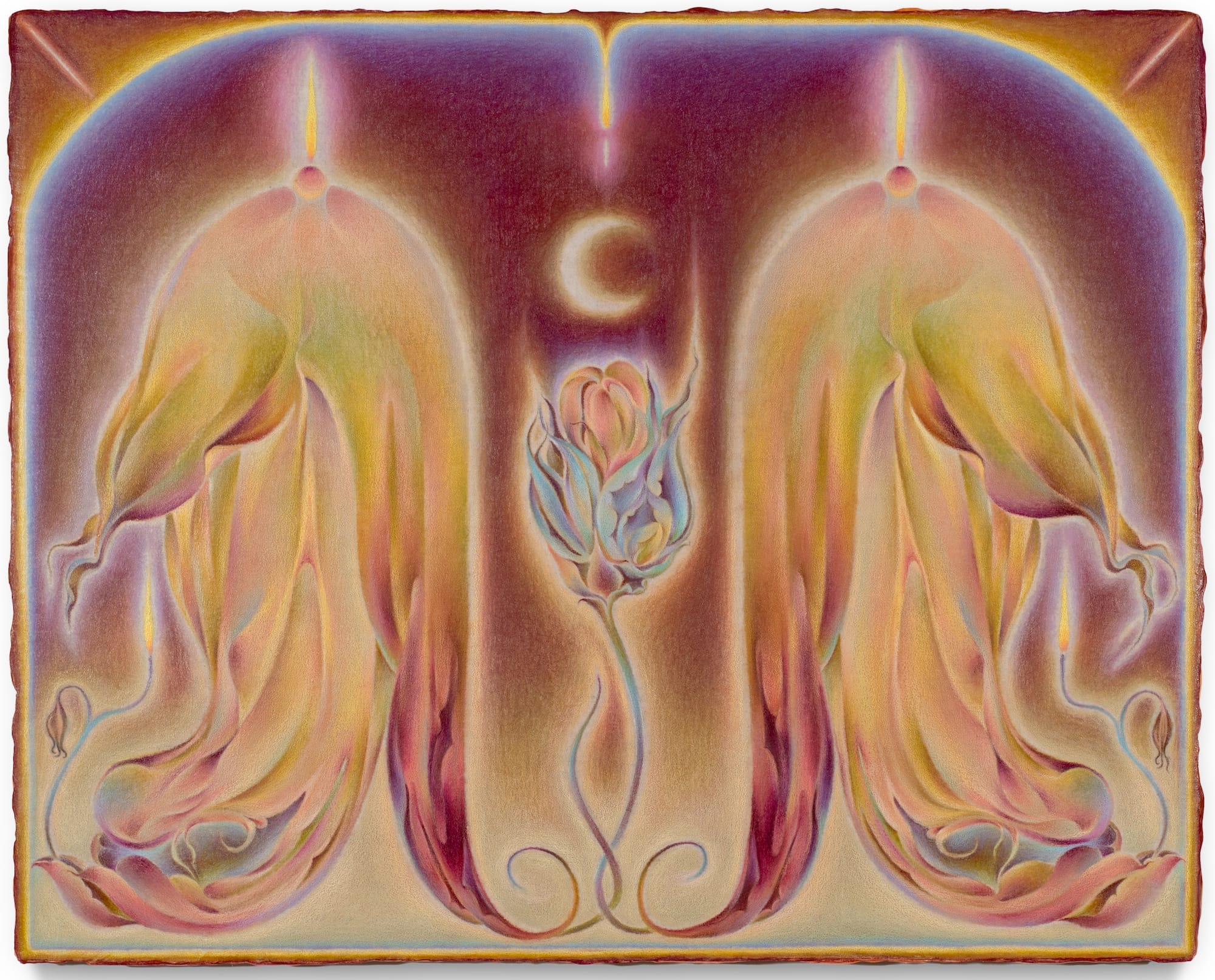 an abstract, surreal, dreamy painting with slightly fuzzy edges made with oil paint and colored pencil referencing flowers and the moon in a symmetrical composition