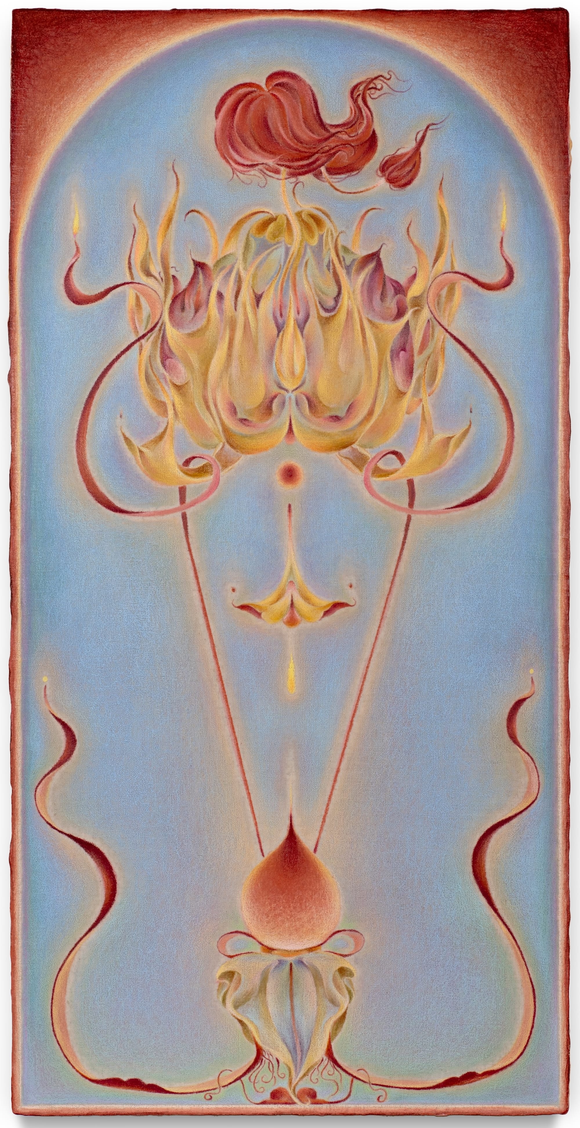 an abstract, surreal, dreamy painting with slightly fuzzy edges made with oil paint and colored pencil referencing flowers in a tall, vertical, symmetrical composition