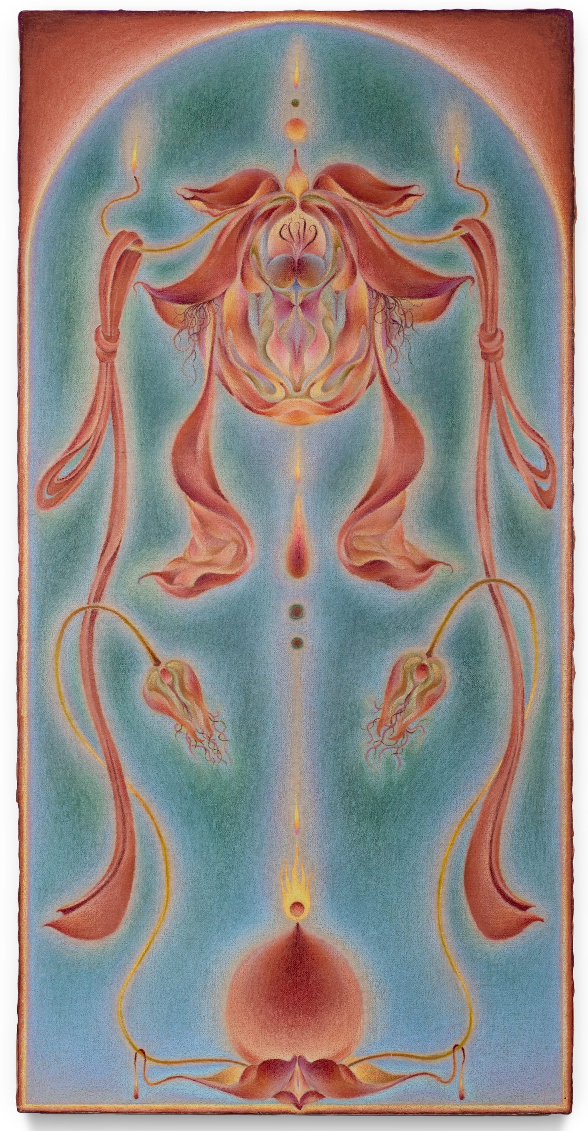 an abstract, surreal, dreamy painting with slightly fuzzy edges made with oil paint and colored pencil referencing flowers in a tall, vertical, symmetrical composition