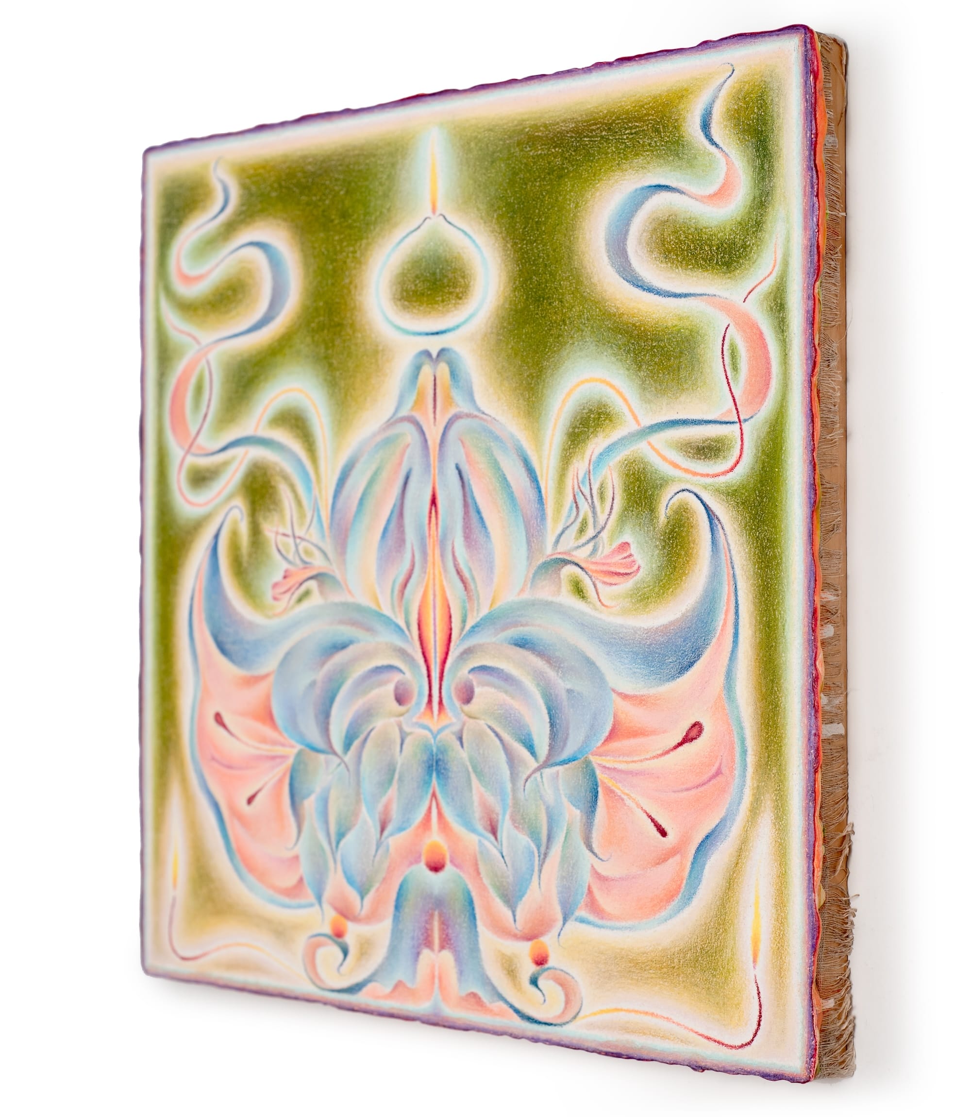 a side view of a surreal, abstract painting made with oil and colored pencils so that the symmetrical forms are fuzzy