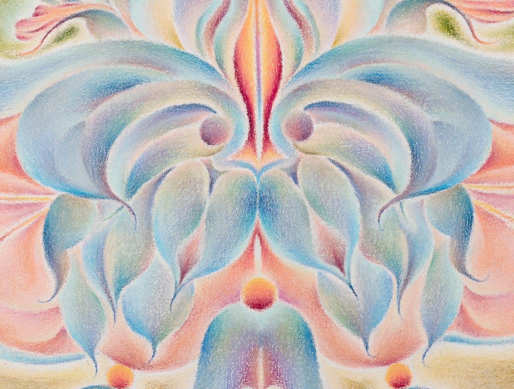 a detail of a surreal, abstract painting made with oil and colored pencils so that the symmetrical forms are fuzzy