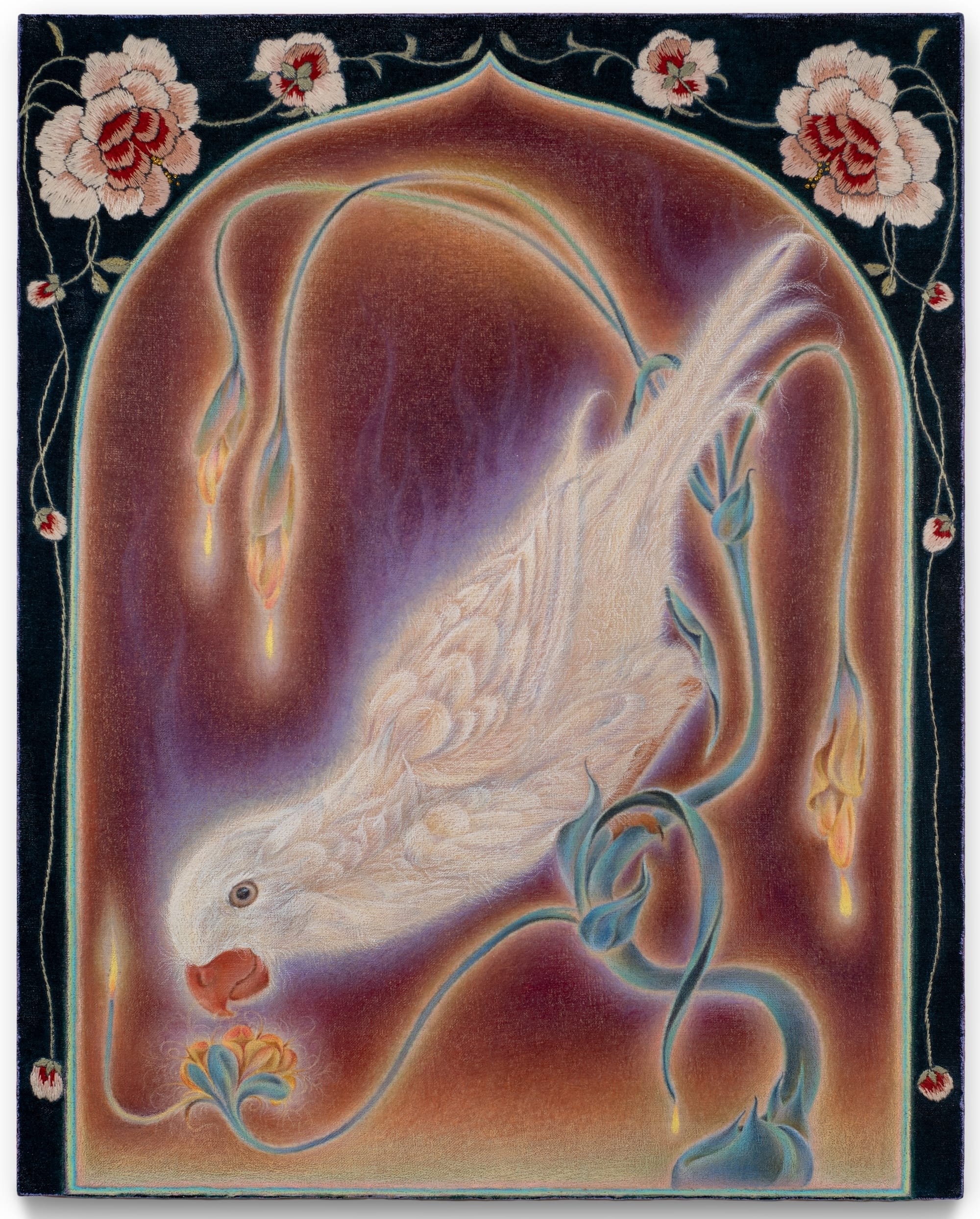 a surreal painting made with oil and colored pencil so that the definition is dreamy and a little fuzzy, featuring a white parrot and slender flowers within an arched aperture