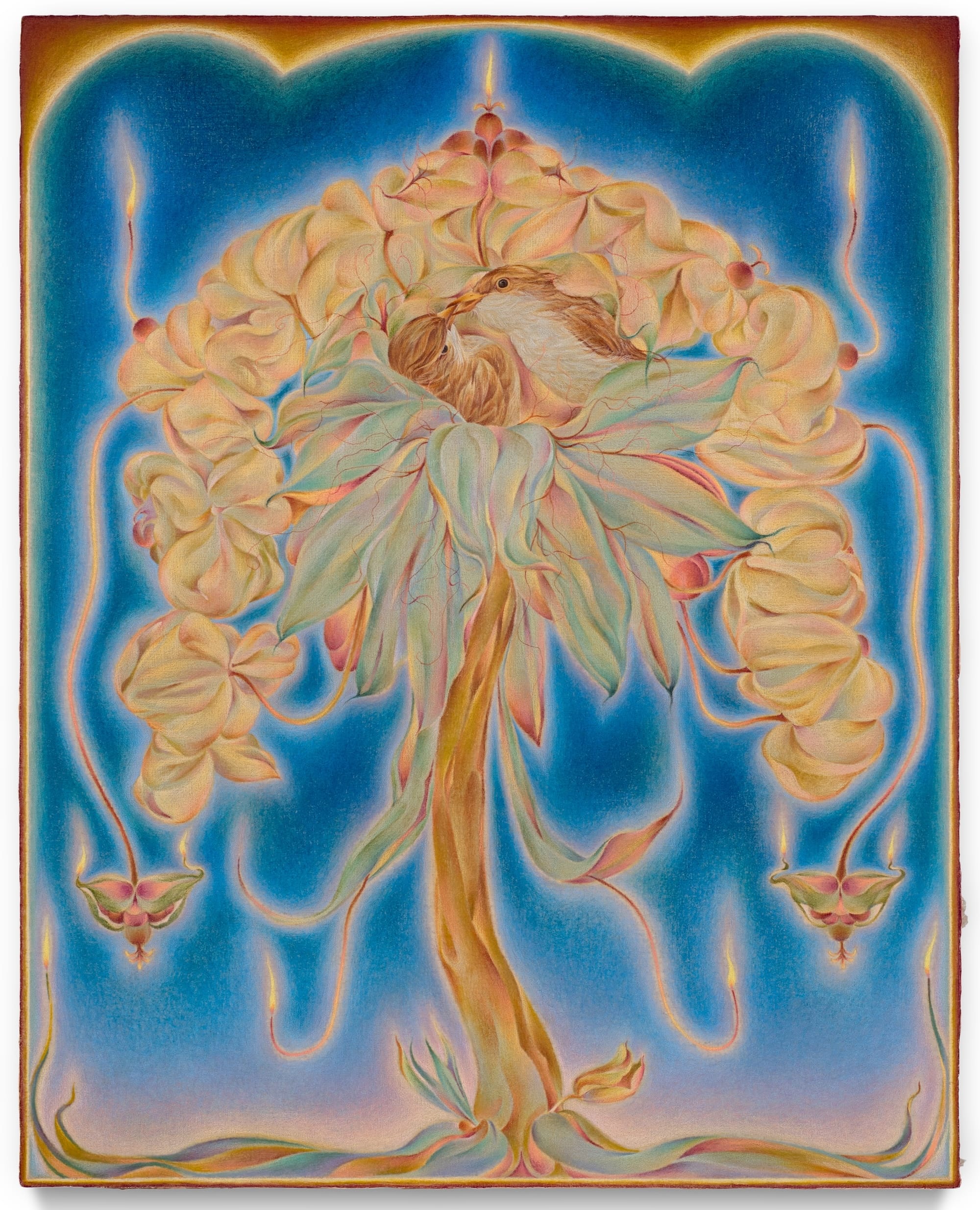 an abstract, surreal, dreamy painting with slightly fuzzy edges made with oil paint and colored pencil featuring two birds in a tree against a blue background