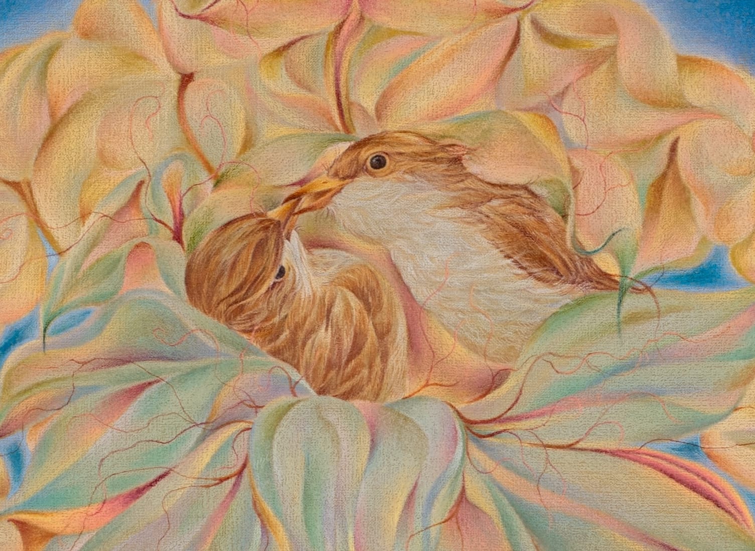 a detail of an oil painting featuring two birds amid foliage
