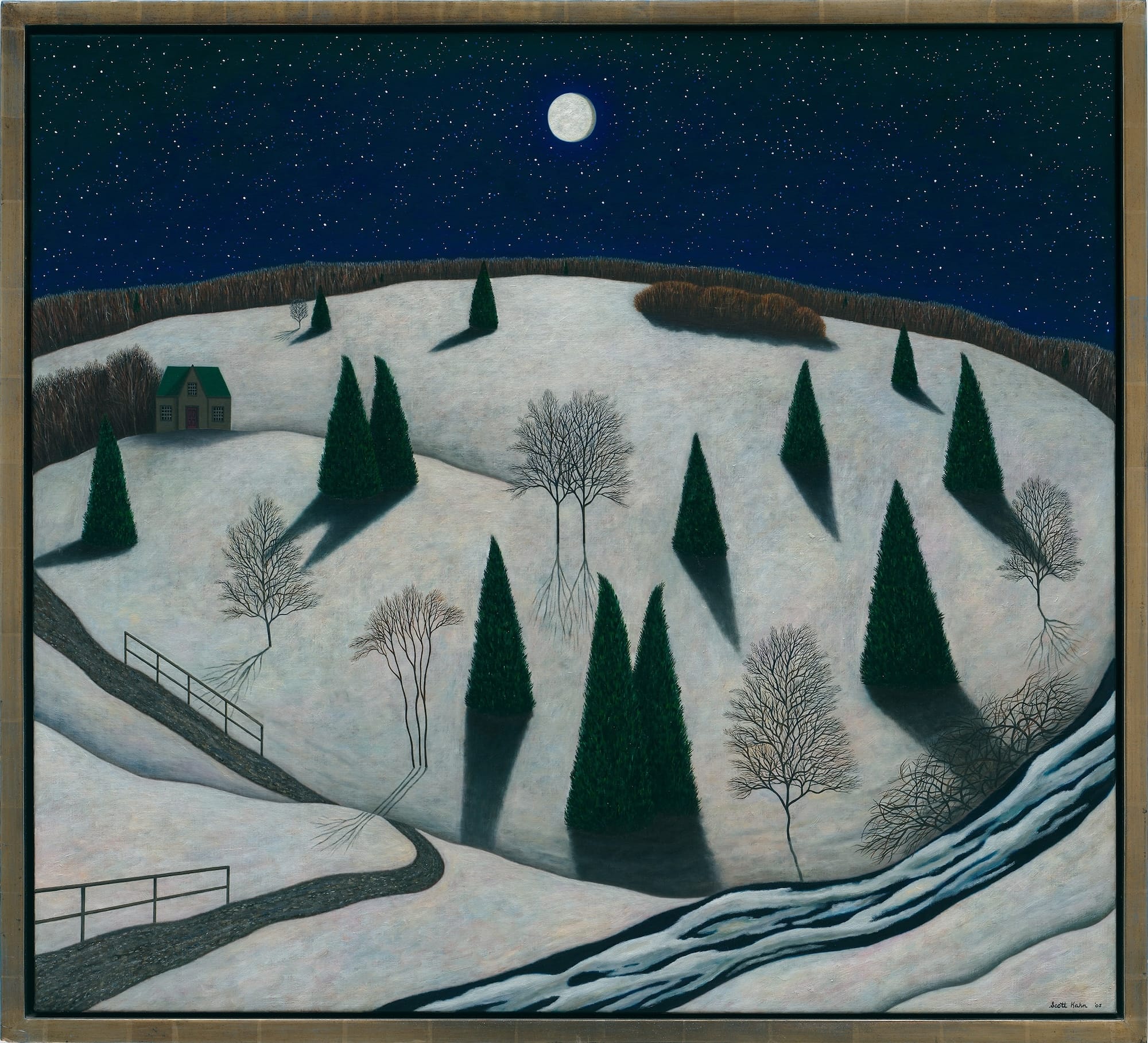 a nighttime painting of a snowy hill with trees under a bright moon