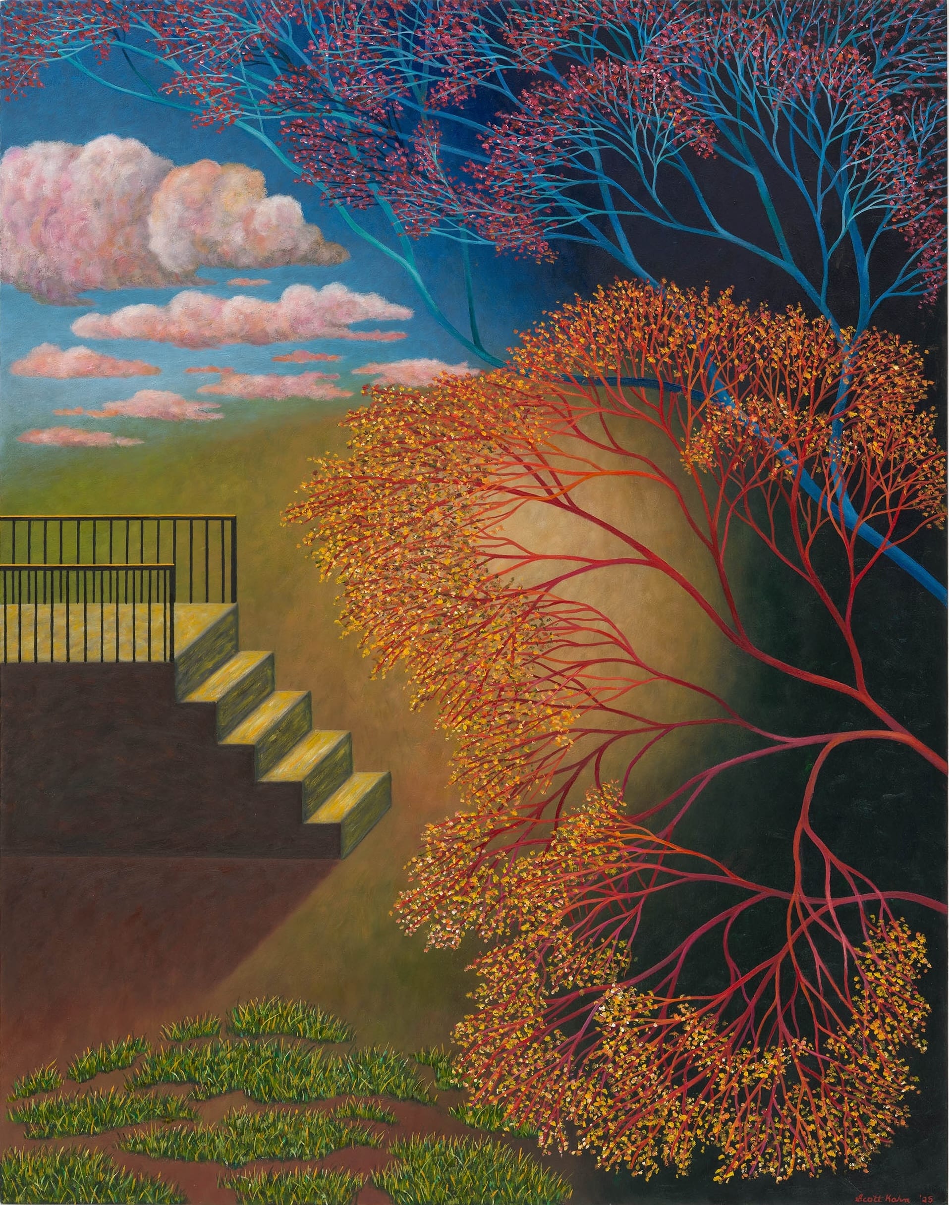 a surreal painting of trees and clouds next to a stoop