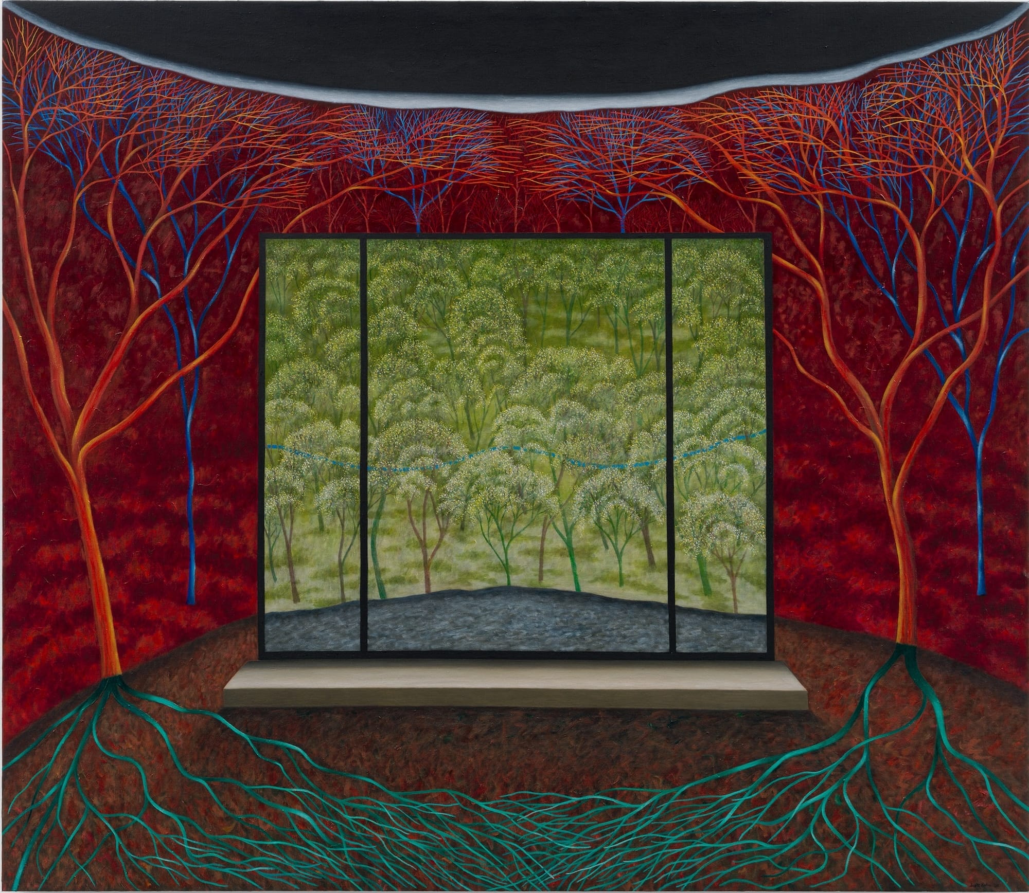 a view of trees through a window in a surreal setting with walls filled with red trees and the floor covered in blue roots