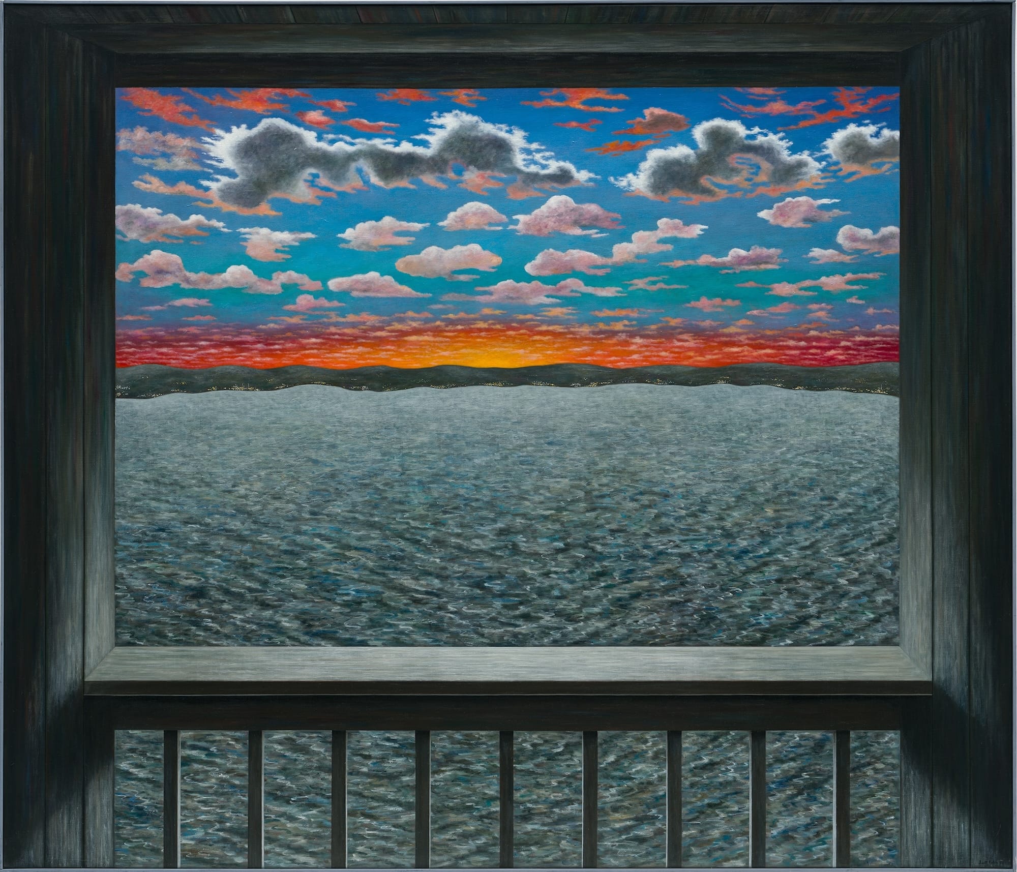a painting of a lake and sunrise or sunset from a small balcony